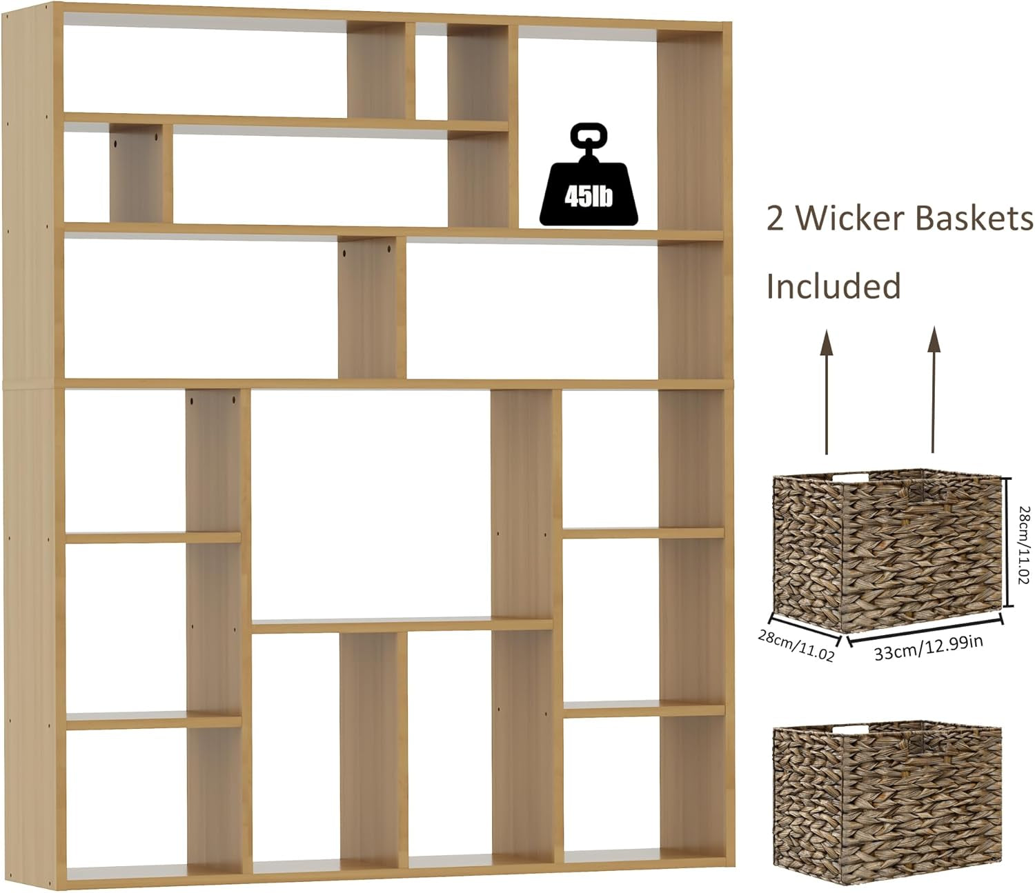 Stylish 71" Wooden Bookcase with 6-Tier Heavy Duty Shelving & Foldable Baskets - Versatile Storage Solution for Living Room & Bedroom in Yuzu Oak Finish