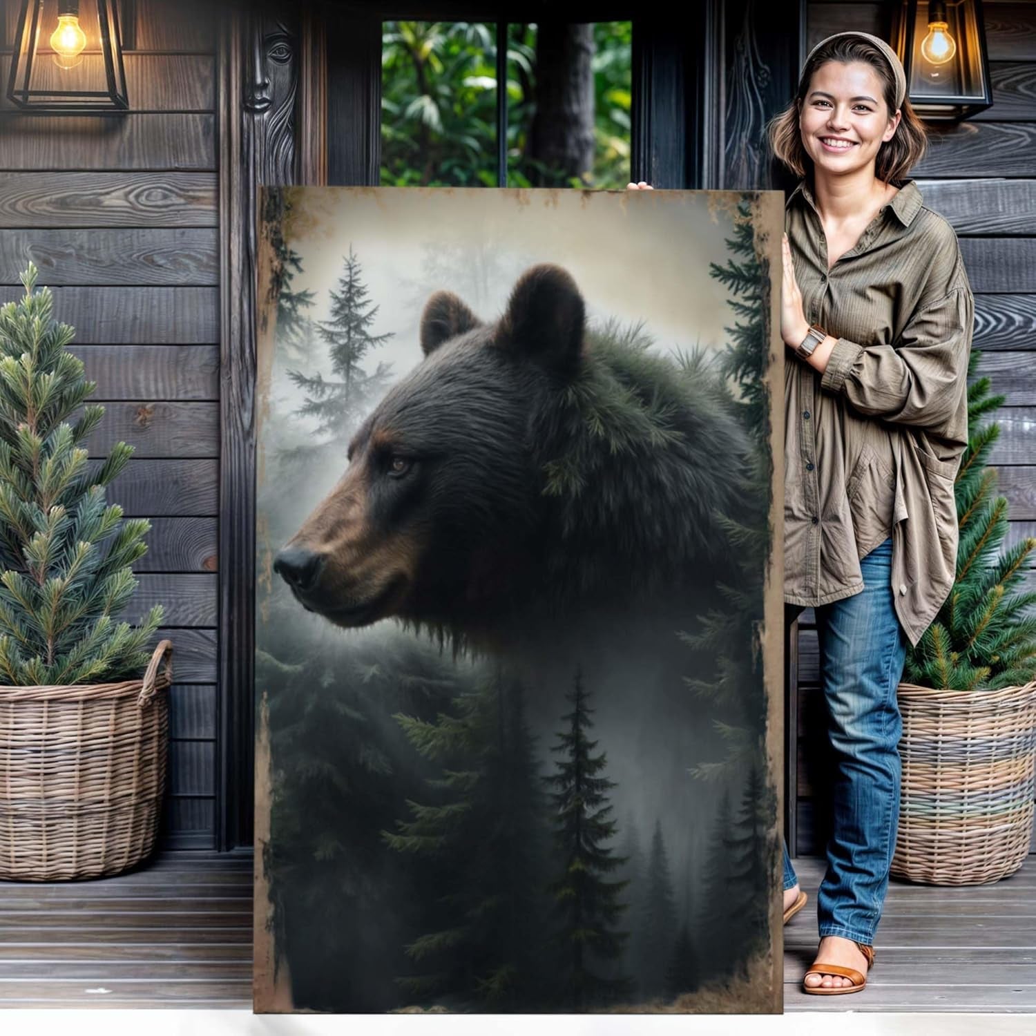 Rustic Black Bear Canvas Wall Art - Grizzly Forest Decor for Cabin & Lodge, Large 32" x 48" Pictures