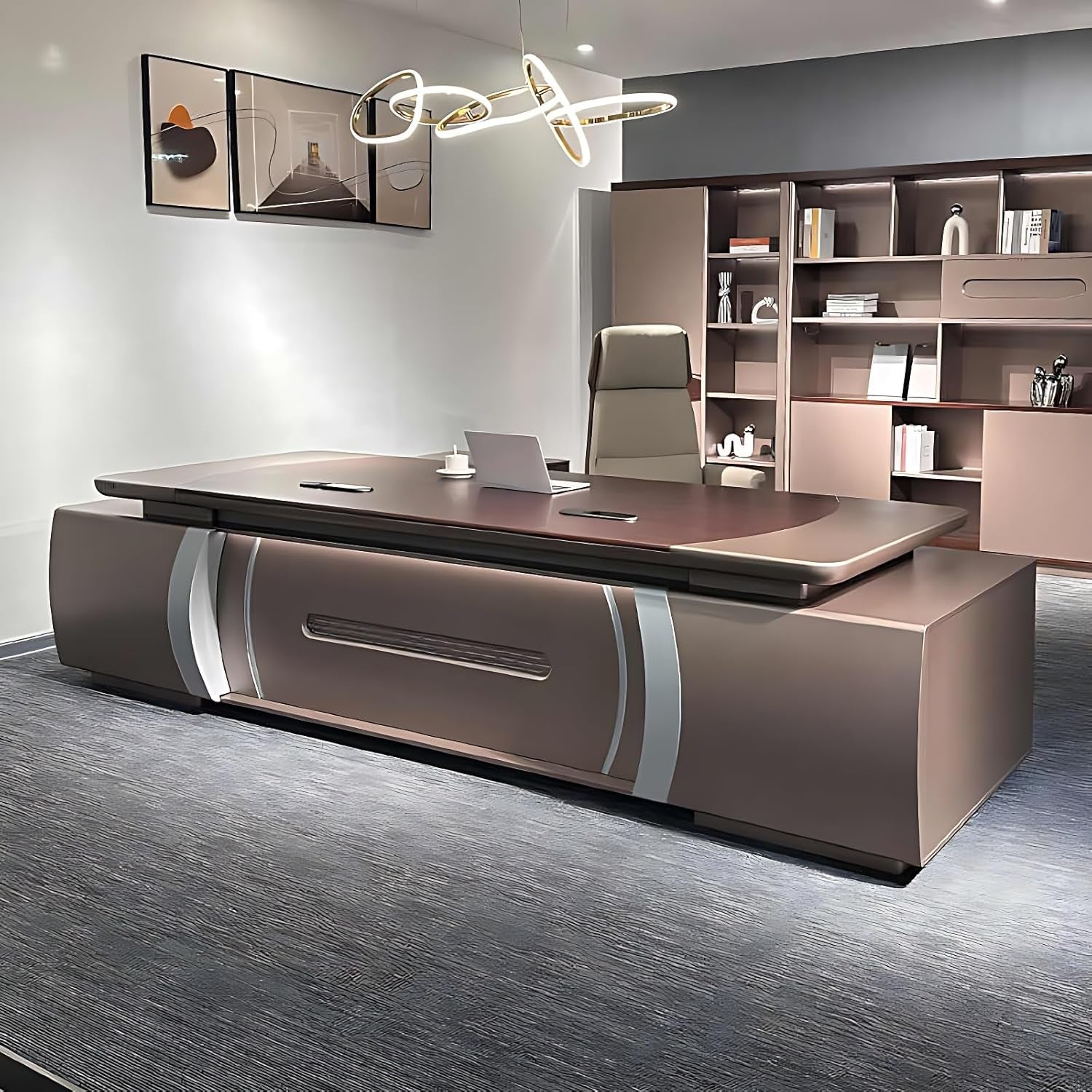 Luxury L-Shaped Executive Desk - Solid Wood Home Office with Multifunctional Cable Box & Drawers, No Installation Needed (Brown, 141.7")