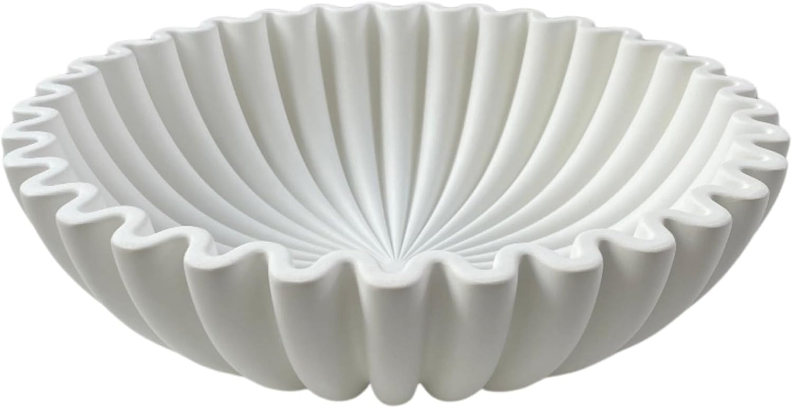 Elegant White Scalloped Concrete Bowl - Large Decorative Centerpiece for Home & Coffee Table Decor
