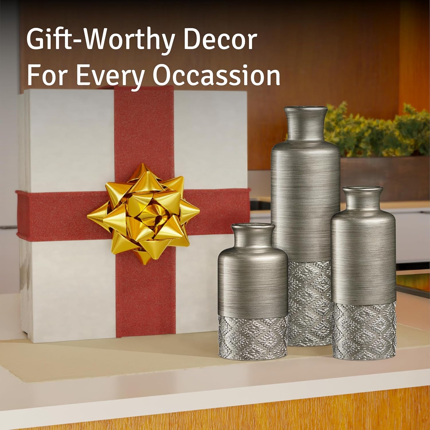 Dublin Silver Vase Set - Three Decorative Flower Vases for Farmhouse and Premium Décor, Ideal for Centerpieces in Kitchen, Bedroom, Office, and Living Room