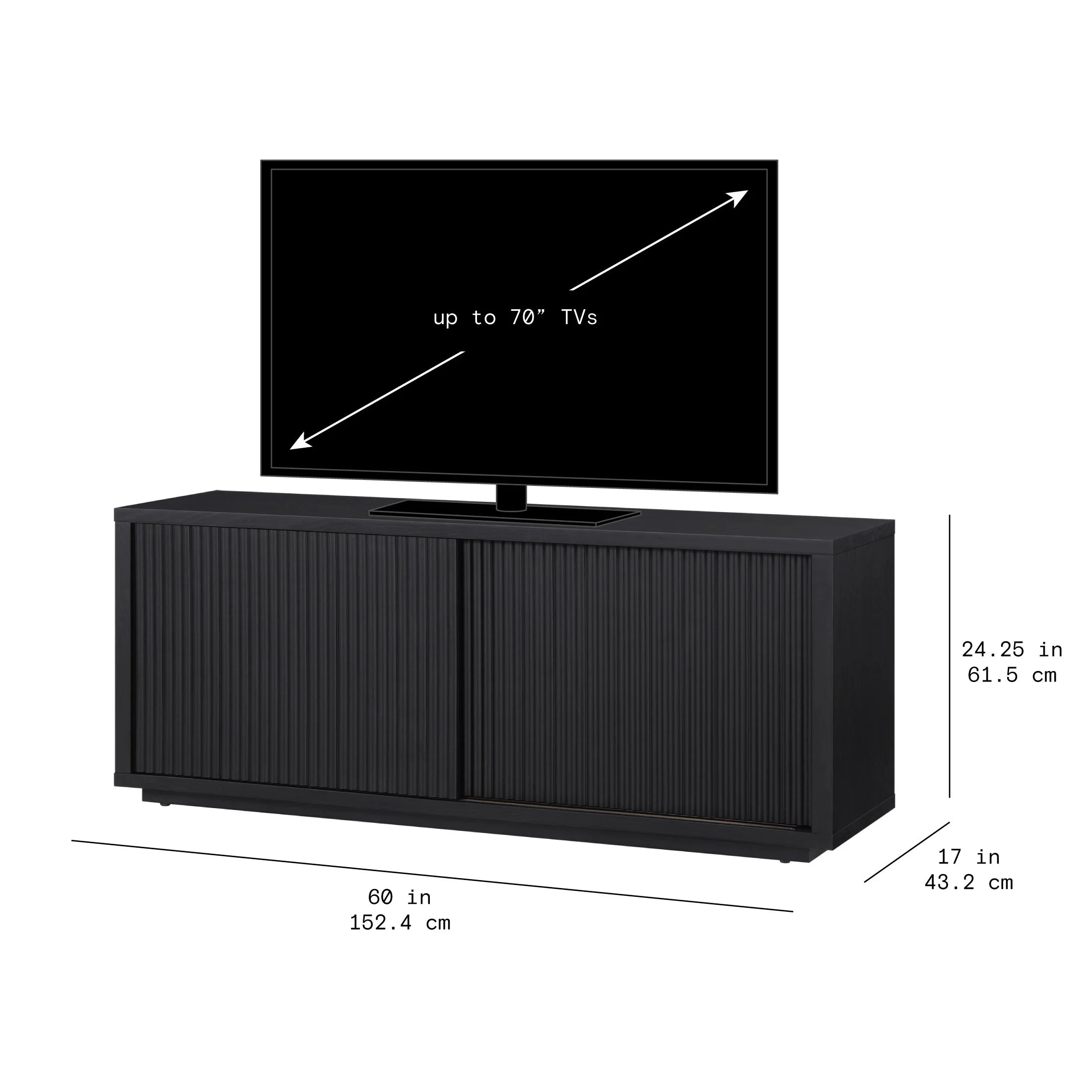 Stylish Fluted TV Stand for TVs up to 70” by Drew Barrymore in Elegant Rich Black Finish