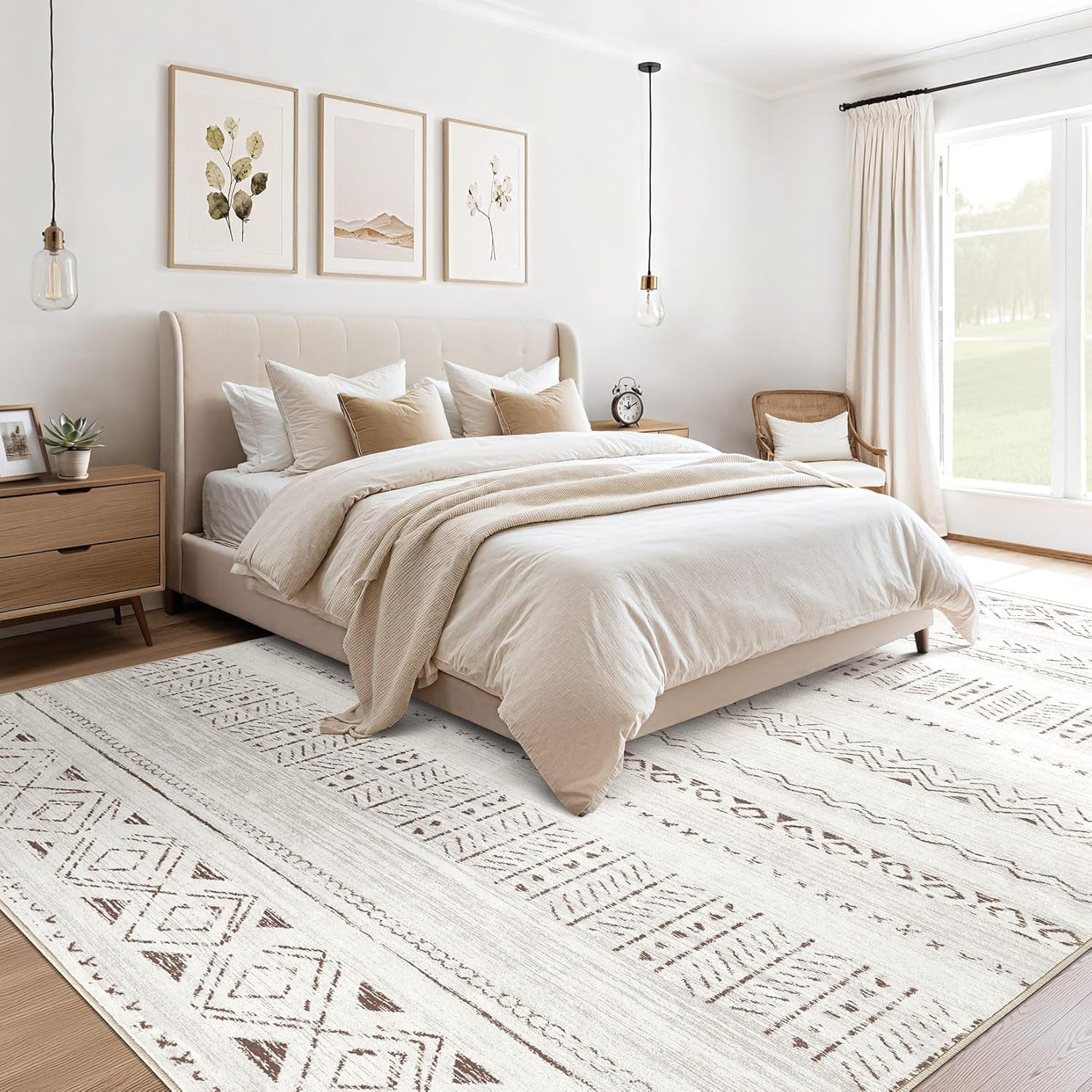 Luxurious 10x12 Living Room Area Rug - Soft, Washable Boho Moroccan Farmhouse Design - Non-Slip Light Brown Indoor Carpet for Bedroom & Home Office Decor