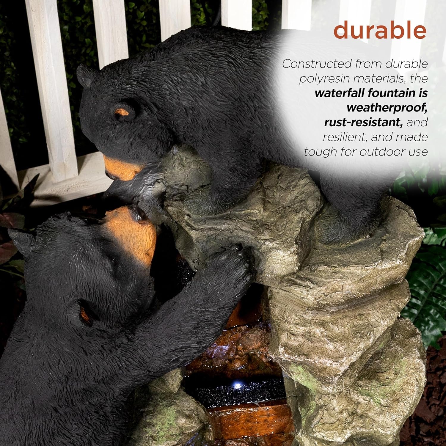 36" Indoor/Outdoor 2 Bears Climbing Water Fountain with LED Lights – Charming Cascading Wildlife Decor for Garden, Patio, and Home