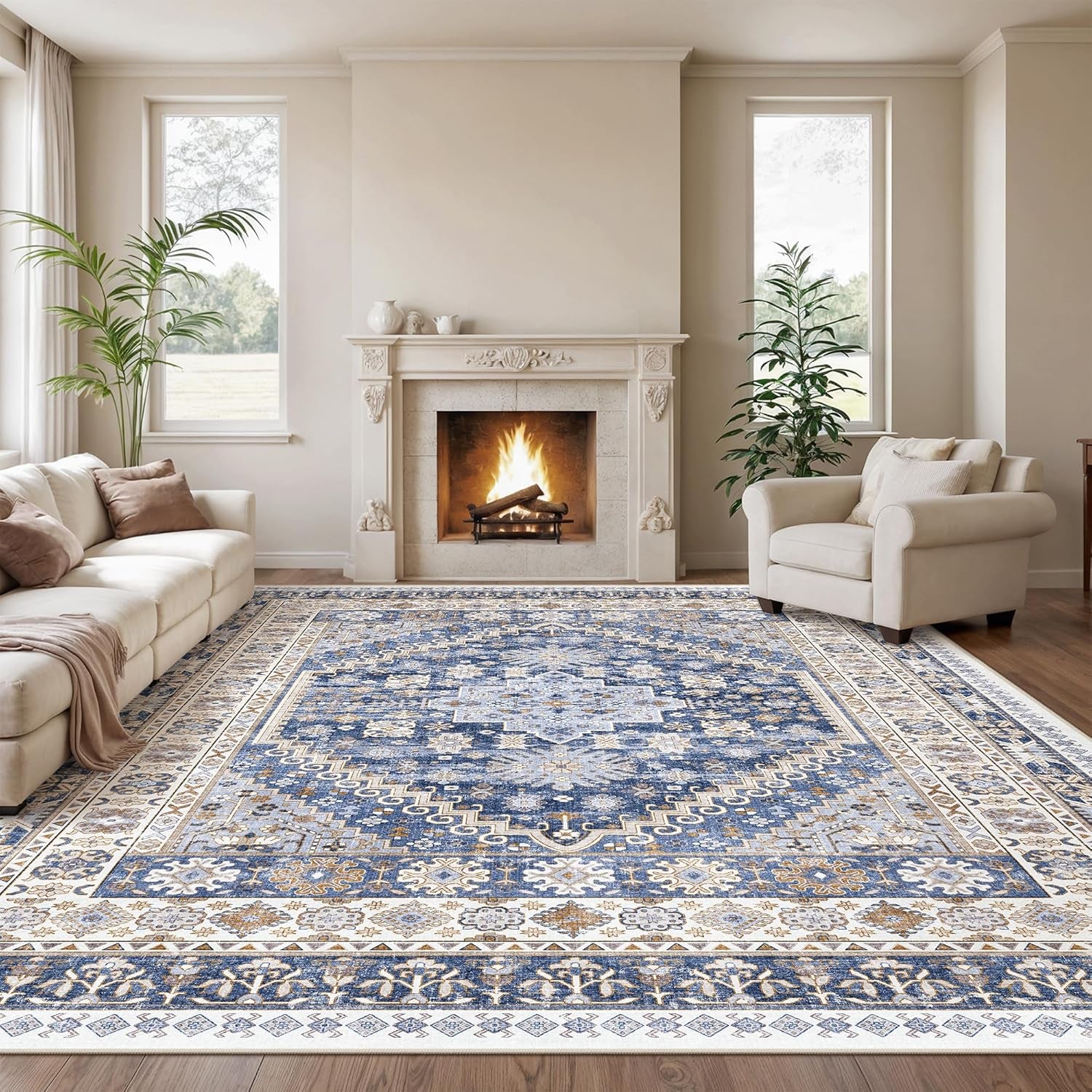 Luxurious 10X14 Stain-Resistant Washable Area Rug - Non-Slip Ultra-Thin Design for Living Room & Bedroom Decor (Blue/Beige)