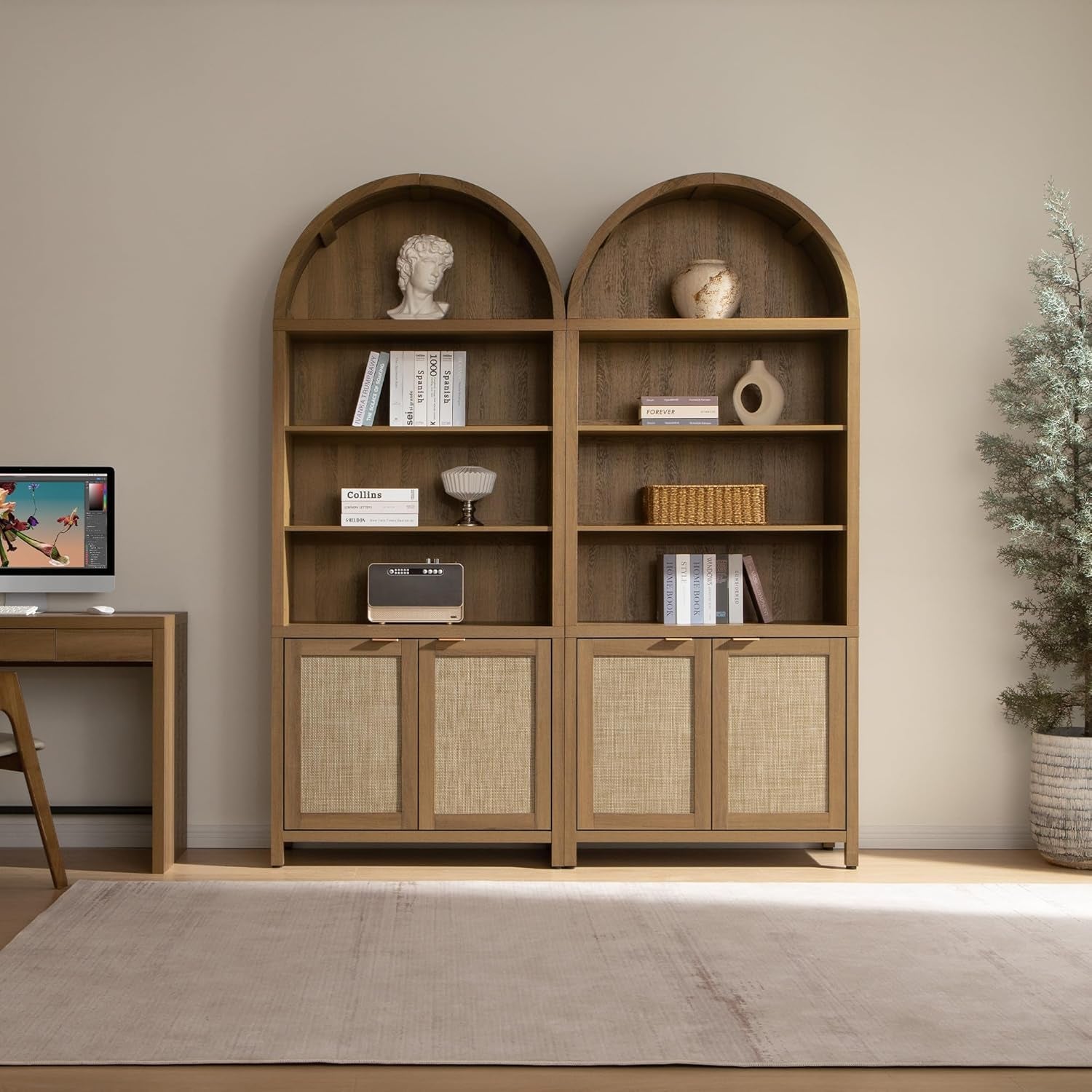 Arched 84.2" Tall 5-Tier Bookshelf Cabinet with Doors - Boho Rattan Wide Bookcase for Living Room, Office & Bedroom Storage