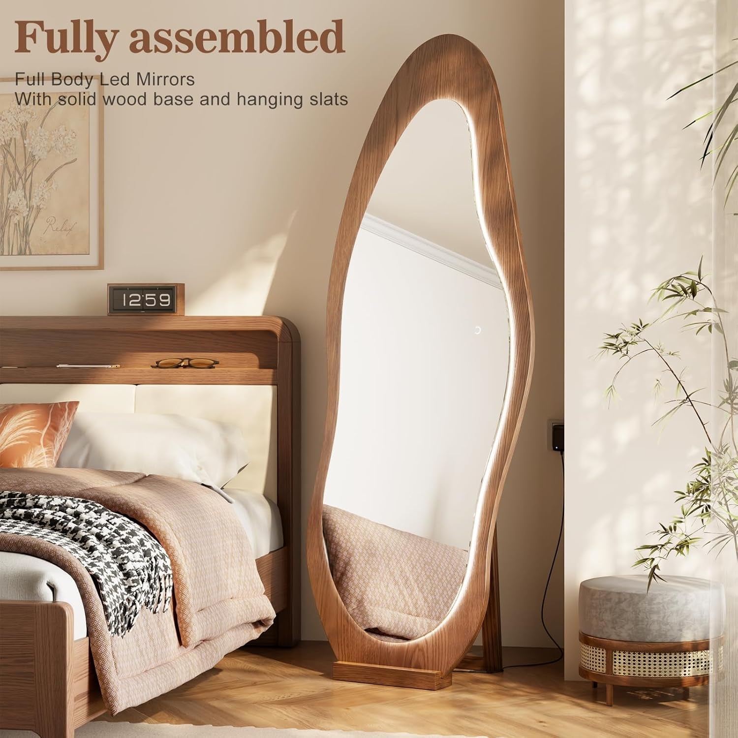 Stylish 69" X 24" Wavy LED Full Length Mirror - Shatter-Proof Design for Bedroom, Living Room, or Cloakroom in Elegant Walnut Finish