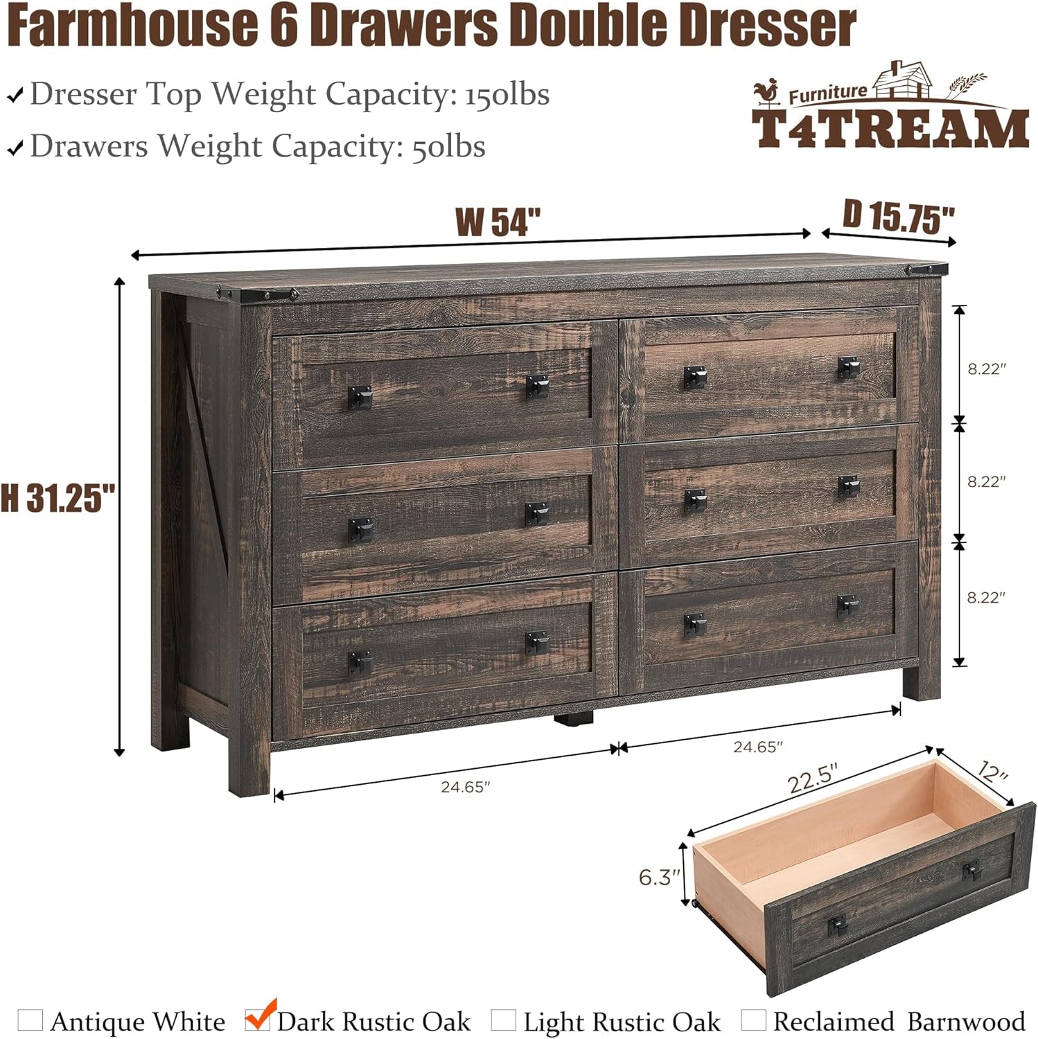 Stylish Rustic Oak 6-Drawer Farmhouse Dresser - Versatile Storage Solution for Bedroom, Living Room, or Hallway