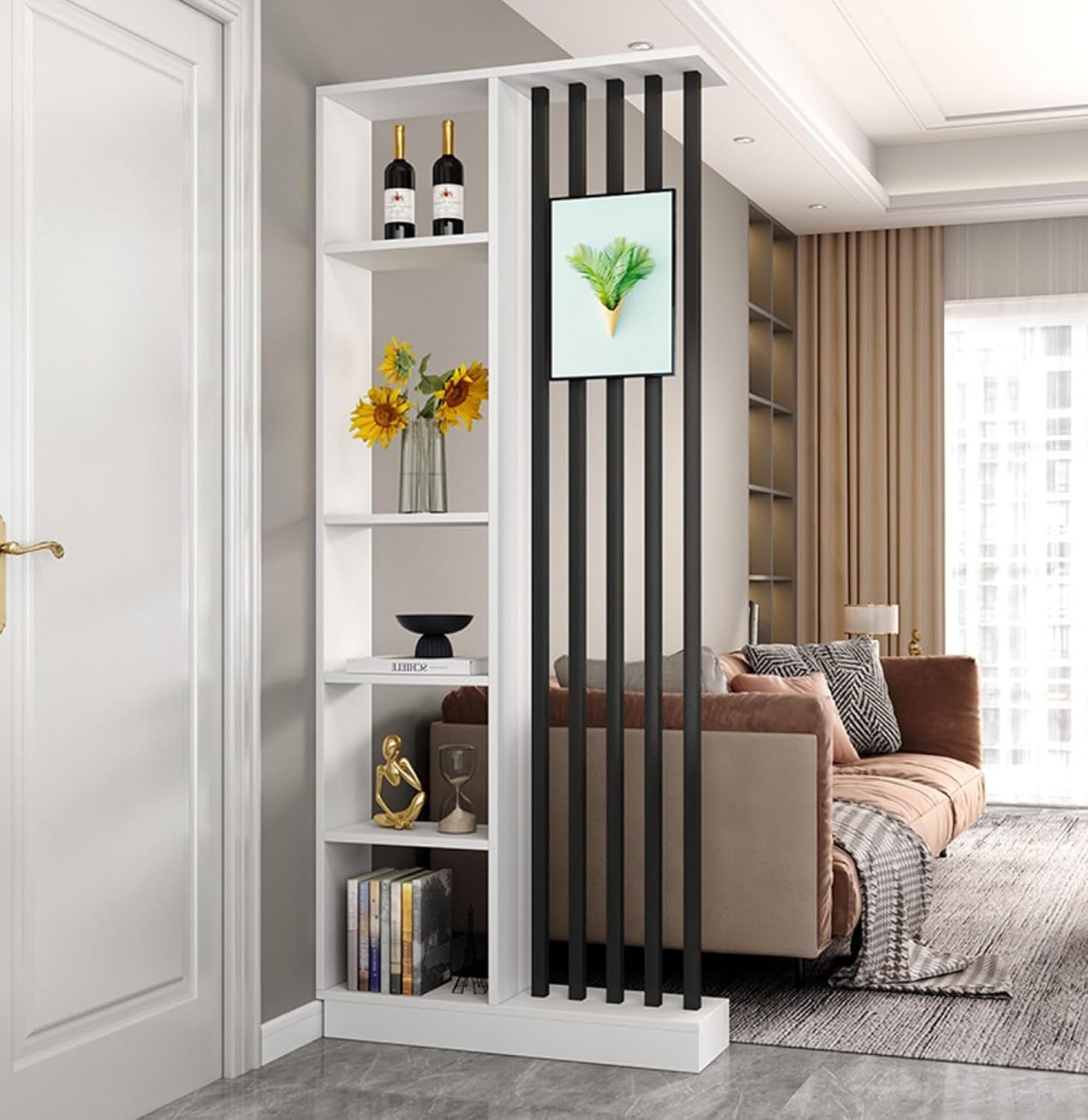 Stylish Modern Wall Room Divider with Storage Shelves - Freestanding Wood Partition for Home & Office (White + Black, 31.5" L x 9.5" W x 79.5" H)
