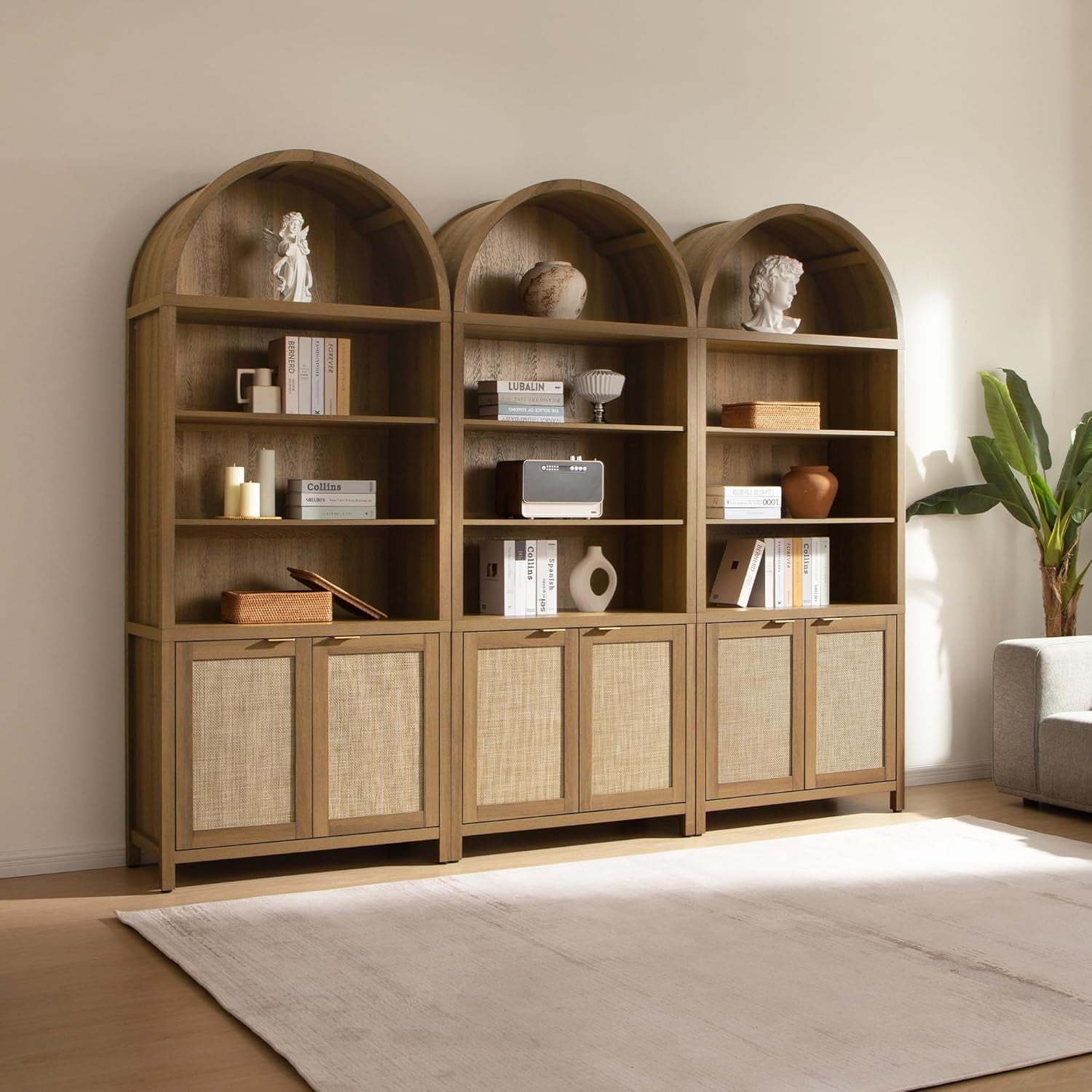 Arched 84.2" Tall 5-Tier Bookshelf Cabinet with Doors - Boho Rattan Wide Bookcase for Living Room, Office & Bedroom Storage