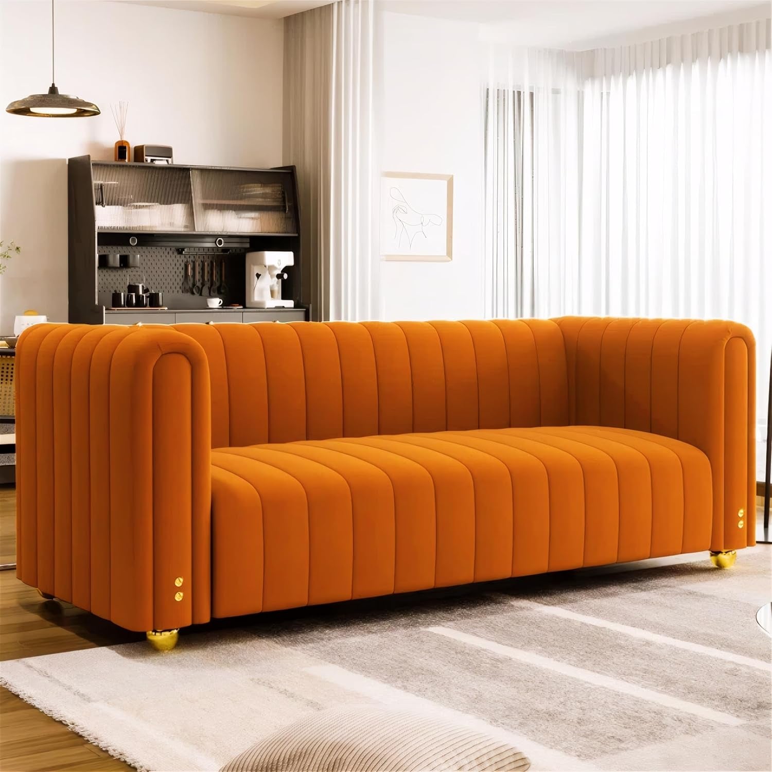 Luxurious 81" Mid Century Modern Orange Velvet Sofa - Comfy 3-Seat Loveseat with Gold Metal Legs for Living Room & Office