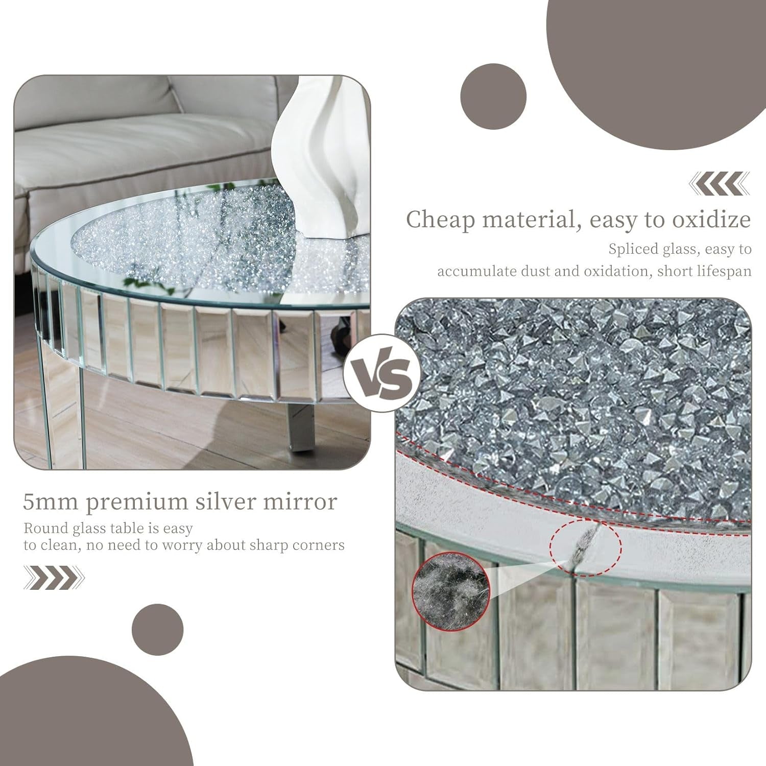 Stunning 31.5" Round Mirrored Coffee Table with Crushed Diamond Top and Silver Crystal Edge - Luxurious Modern Home Decor for Your Living Room