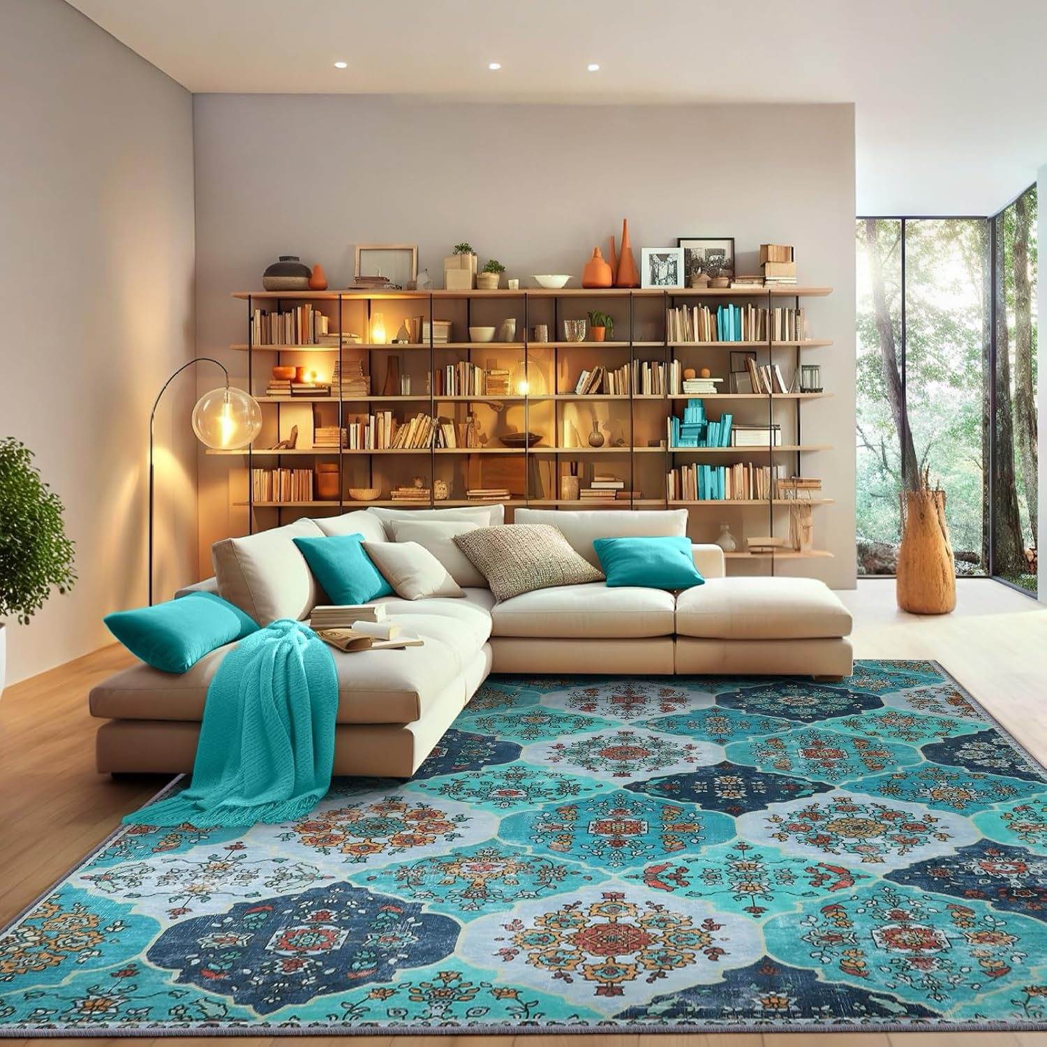 Large Washable Bohemian Area Rug - Moroccan Trellis Design, Soft Non-Slip Carpet for Living Room, Dining Room, Home Office, and Farmhouse Decor in Teal Blue
