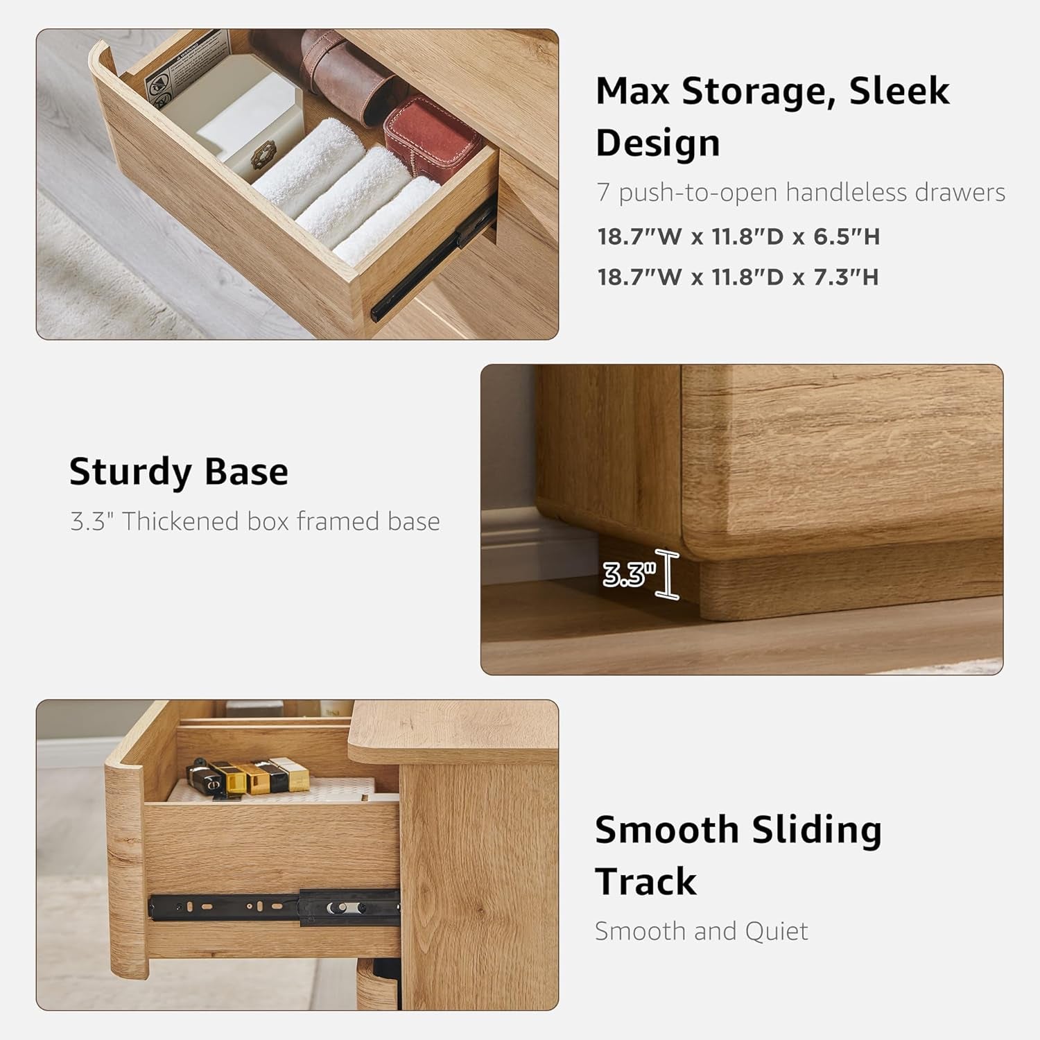 Stylish 7 Drawer Modern Dresser - Push-To-Open Chest with Sleek Handleless Design, 52" Wide Storage Solution for Bedroom or Living Room in Natural Oak