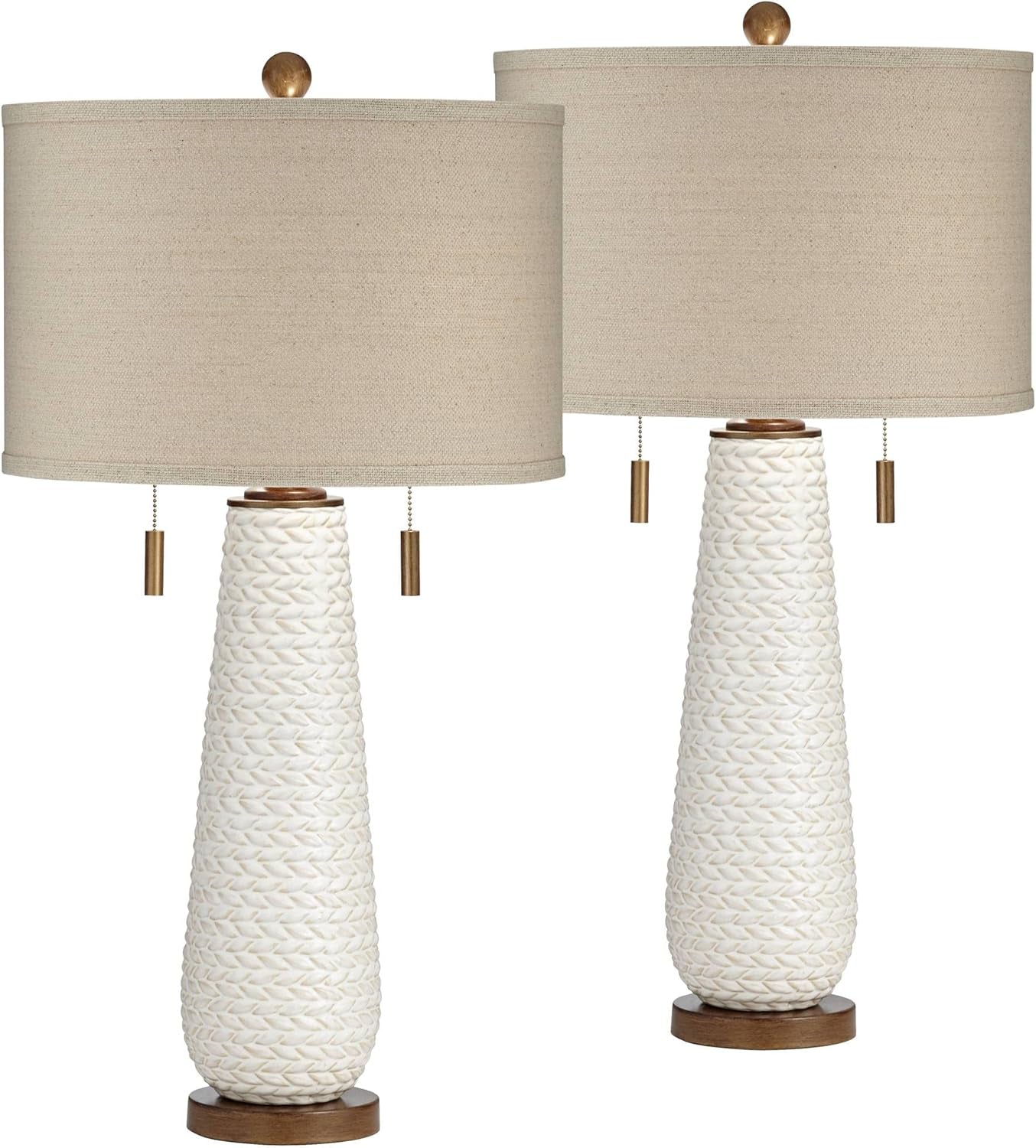 Elegant Kingston Mid Century Modern Table Lamps - Set of 2, 32.75" Tall White Textured Ceramic with Taupe Drum Shade for Bedroom, Living Room, and Home Office Decor