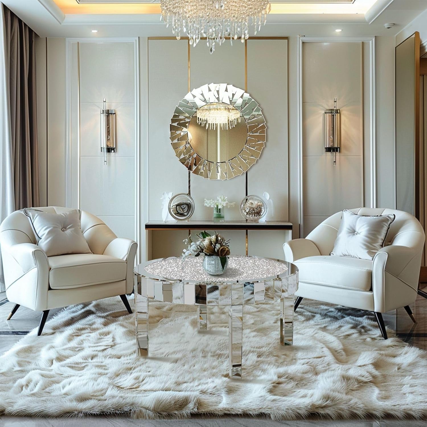 Stunning 31.5" Round Mirrored Coffee Table with Crushed Diamond Top and Silver Crystal Edge - Luxurious Modern Home Decor for Your Living Room