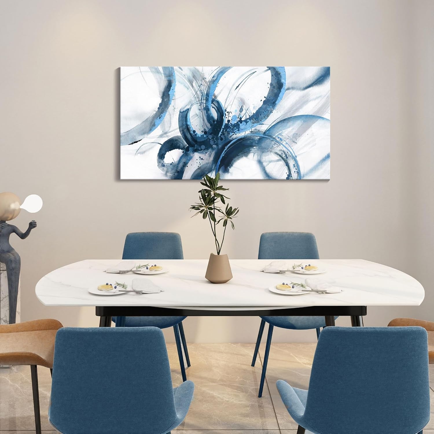 Abstract Blue Wall Art - Framed Canvas Decor for Living Room and Office, Minimalist Paintings, 20x40 Inches