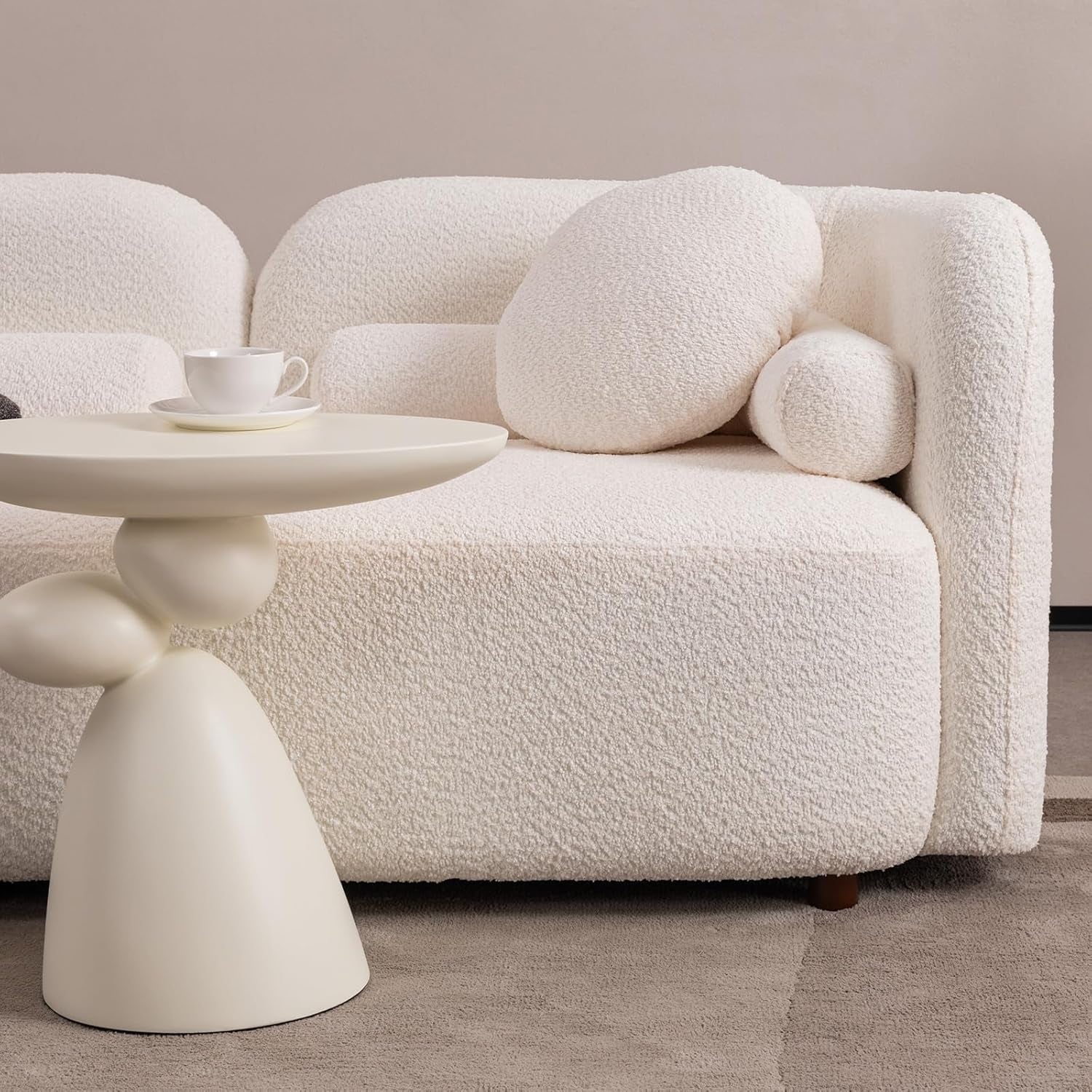 Modern White Rectangular Cloud Couch - Curved Back 3-Seater Sofa with Boucle Fabric, Solid Wood Frame & 2 Pillows - Perfect for Minimalist Living Rooms