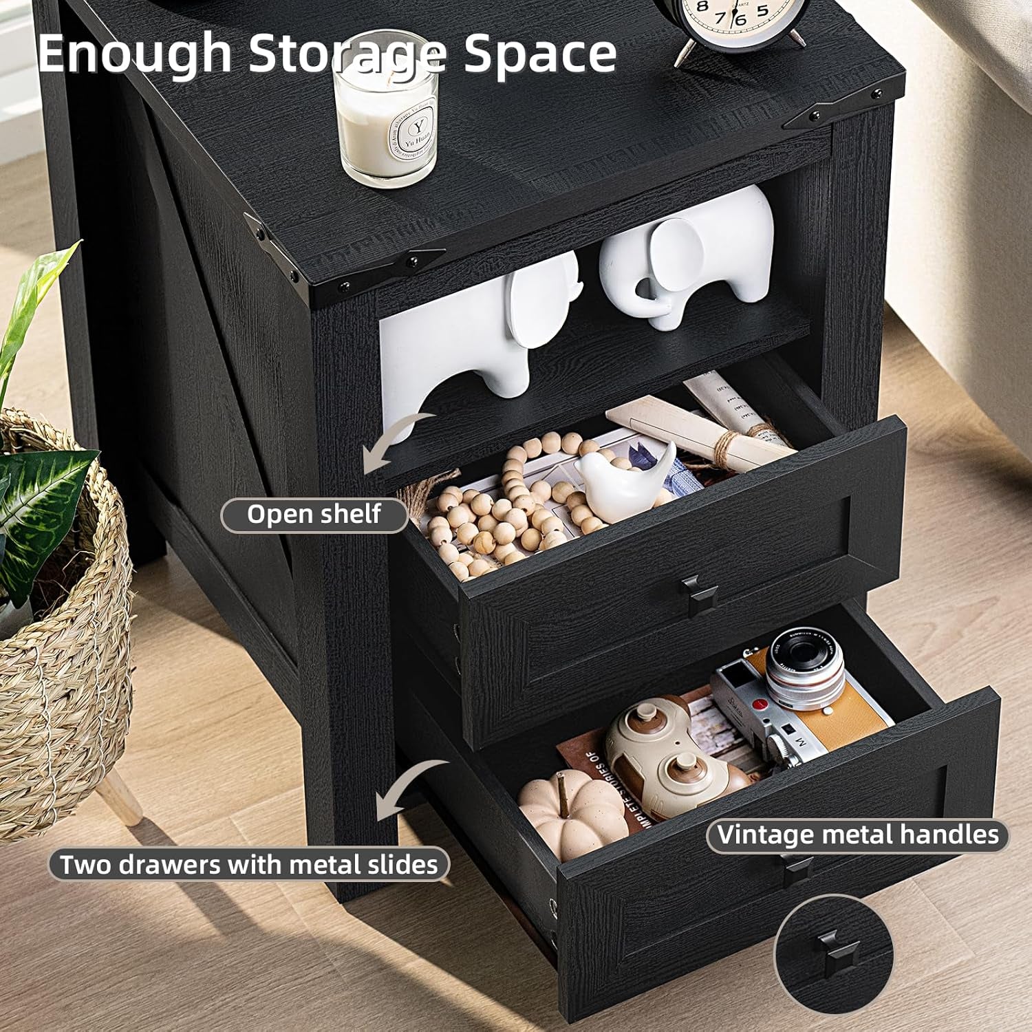 Chic Farmhouse Bedroom & Living Room Furniture Set: 58” Dresser with 6 Drawers & Set of 2 Night Stands with Charging Stations