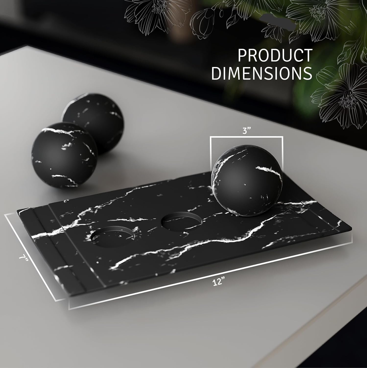 Elegant Black Marble-Inspired Home Decor Tray and Orb Set with Coordinating Set of 3 Vases - Ideal for Coffee Table Centerpiece and Stylish Dining, Kitchen Counter, or Foyer Accents
