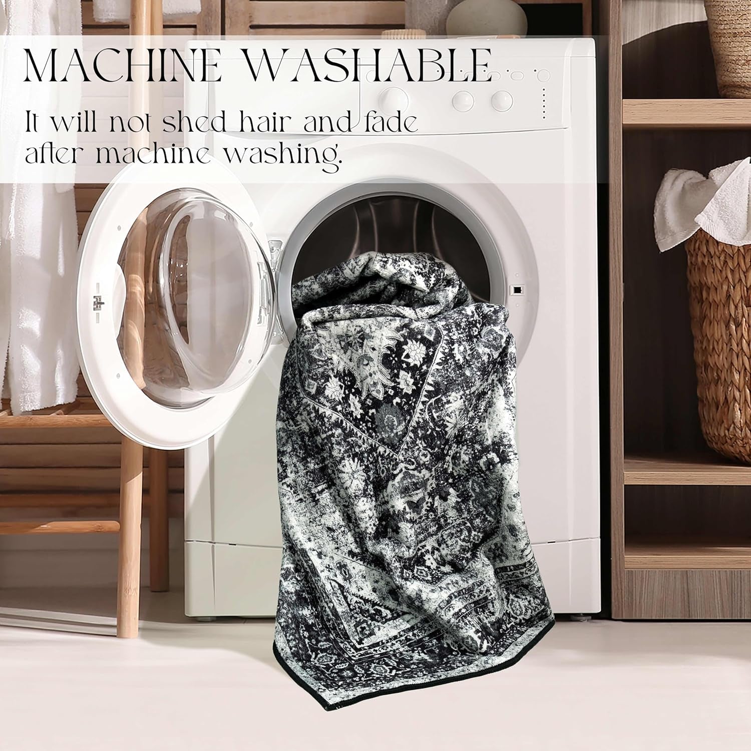 Luxurious Black Floral Washable 8x10 Area Rug - Non-Slip Boho Throw for Living Room, Bedroom, and Dining Room - Soft Indoor Home Decor