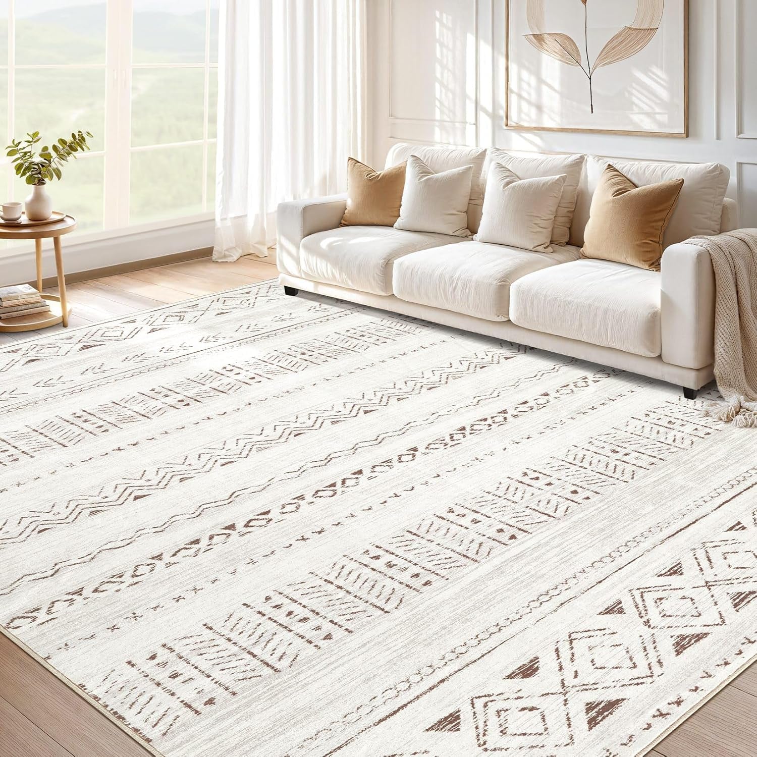 Luxurious 10x12 Living Room Area Rug - Soft, Washable Boho Moroccan Farmhouse Design - Non-Slip Light Brown Indoor Carpet for Bedroom & Home Office Decor