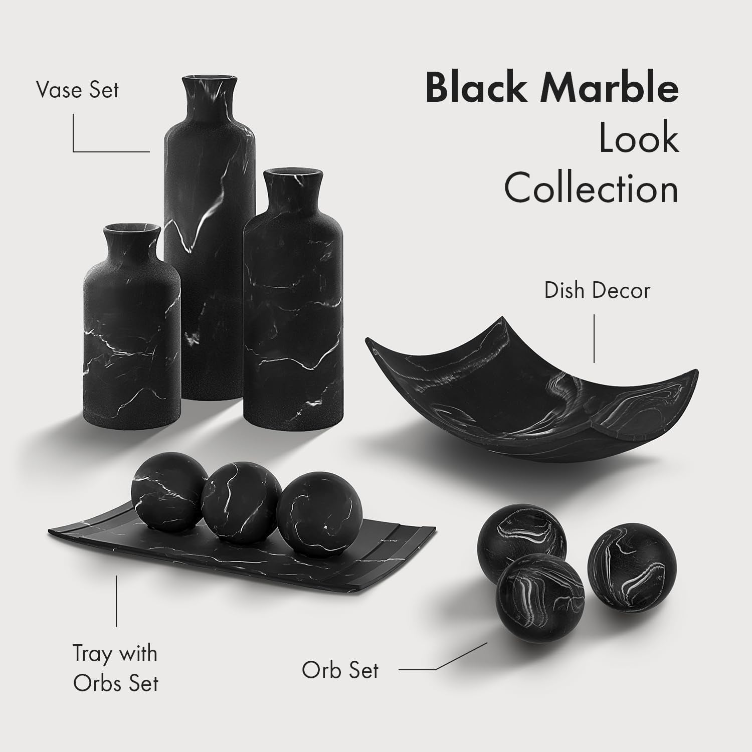 Elegant Black Marble-Inspired Home Decor Tray and Orb Set with Coordinating Set of 3 Vases - Ideal for Coffee Table Centerpiece and Stylish Dining, Kitchen Counter, or Foyer Accents