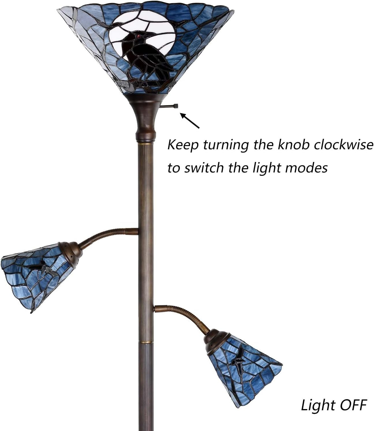 Raven Moonlit Tiffany Style Stained Glass Torchiere Floor Lamp - 70-Inch Dark Blue Reading Light with Sidelights