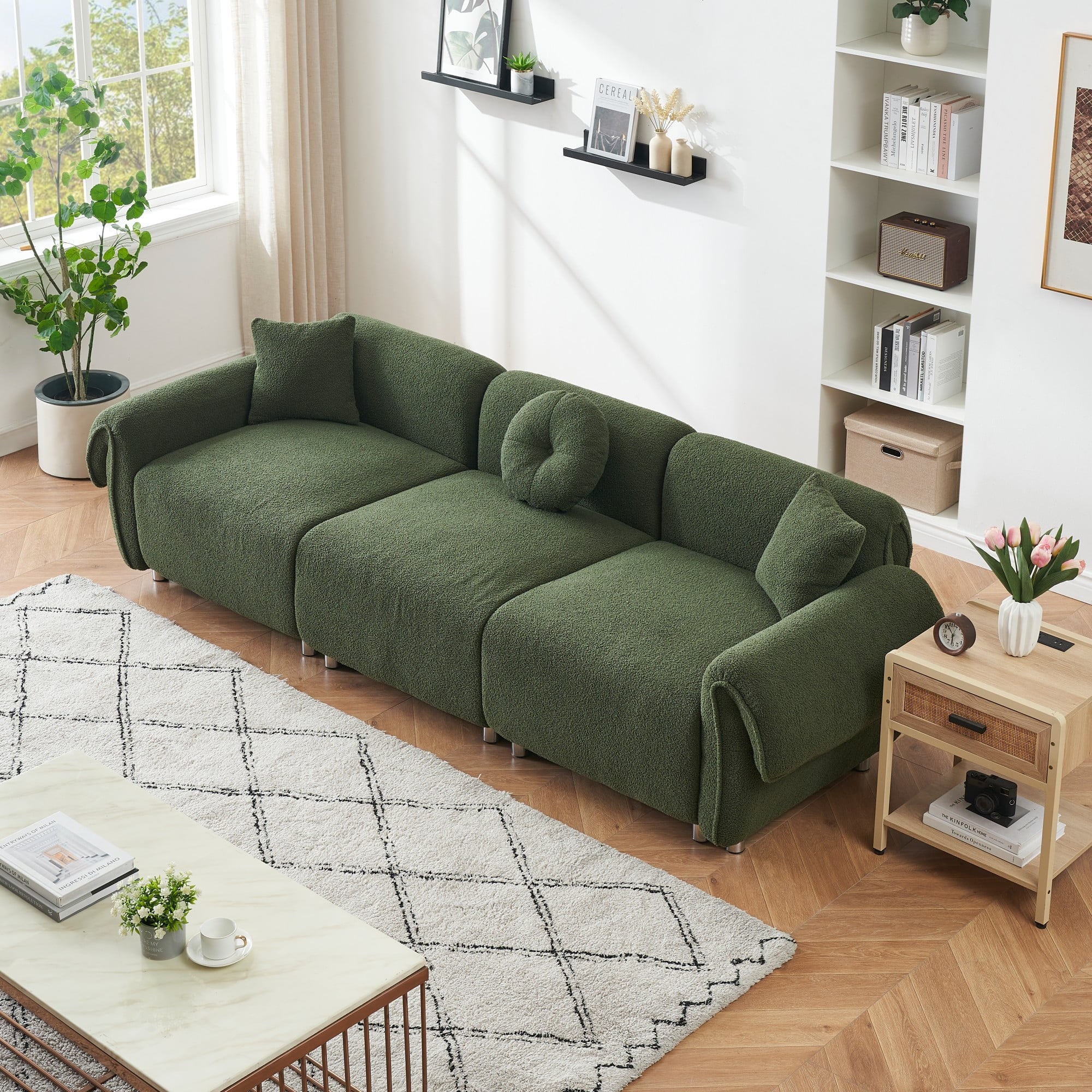 Luxurious 112-Inch Green Teddy Velvet Sectional Sofa Set with 3 Throw Pillows - Perfect for Living Room & Apartment