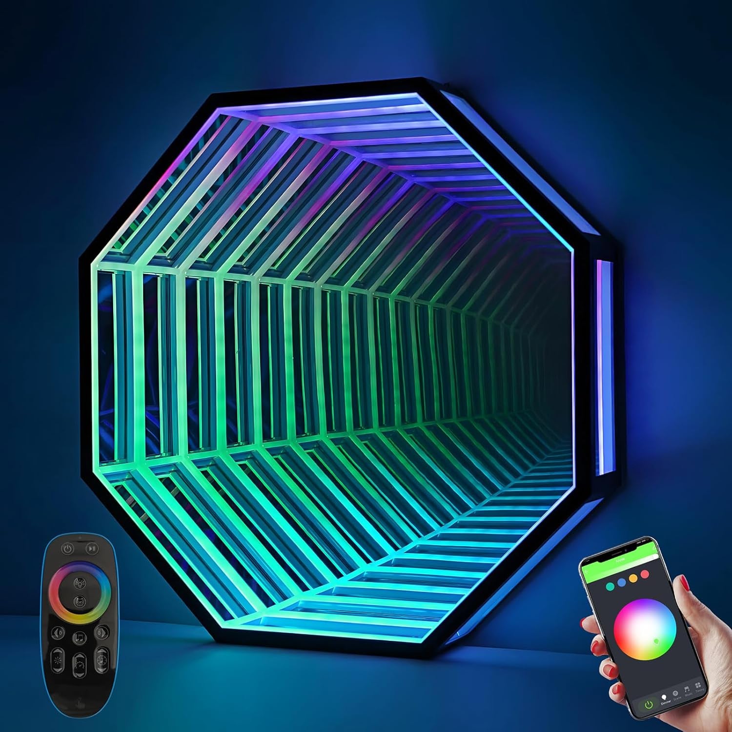 Multicolor 3D LED Infinity Mirror Light - Smart APP & Remote Controlled Octagon Tunnel Lamp for Stunning Home Decor, Parties, and Gaming (19.7 In/50 CM)