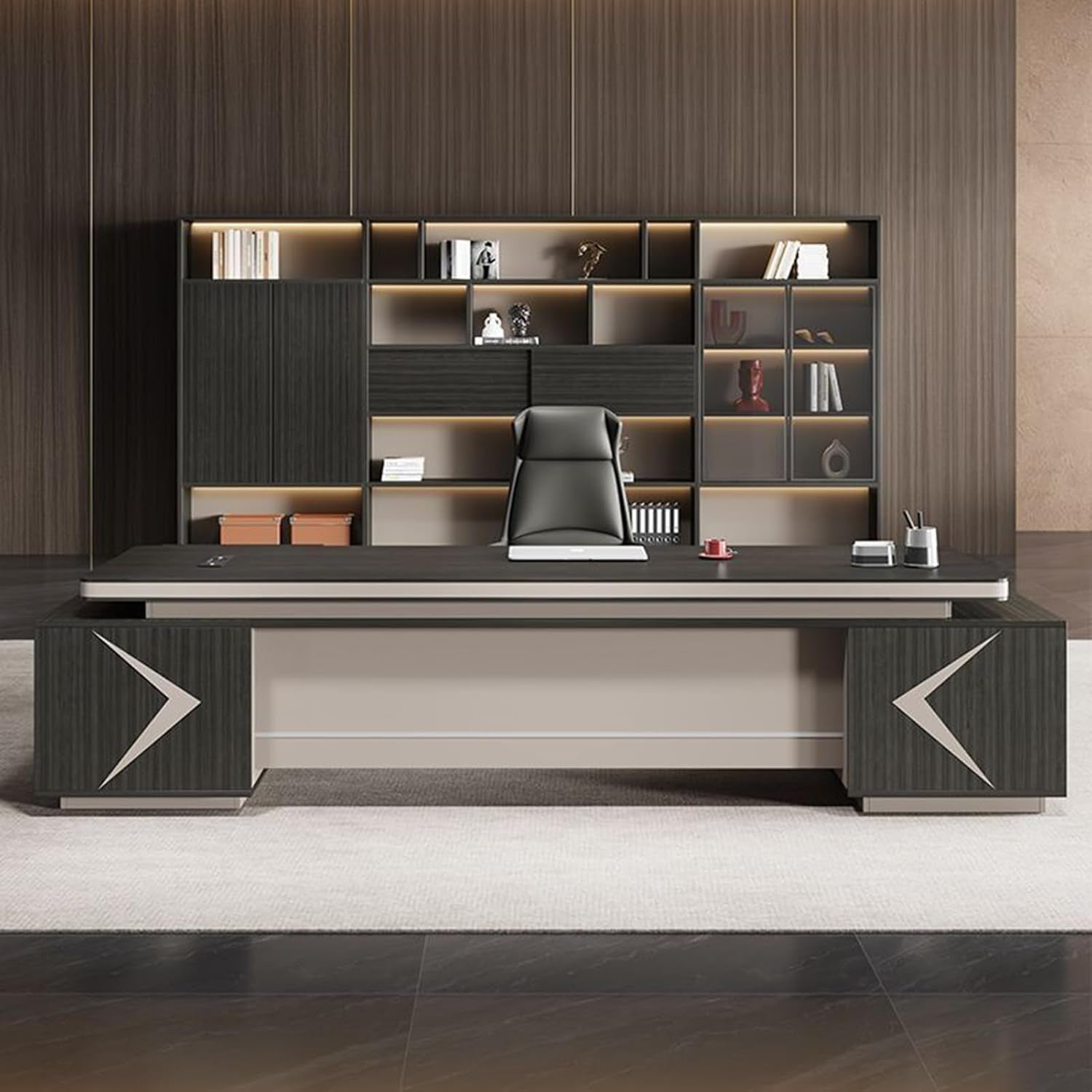 Elegant Black Wood Executive Office Desk Set with Lateral Cabinet - Perfect for CEOs and Professionals