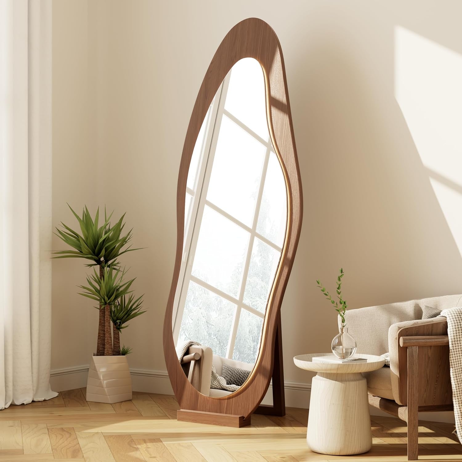 Stylish 69" X 24" Wavy LED Full Length Mirror - Shatter-Proof Design for Bedroom, Living Room, or Cloakroom in Elegant Walnut Finish