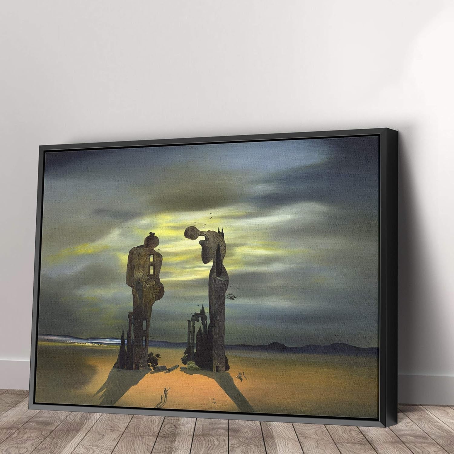 Stunning Salvador Dali Two Statues Canvas Art - Modern Black Framed Wall Decor (45" x 30")