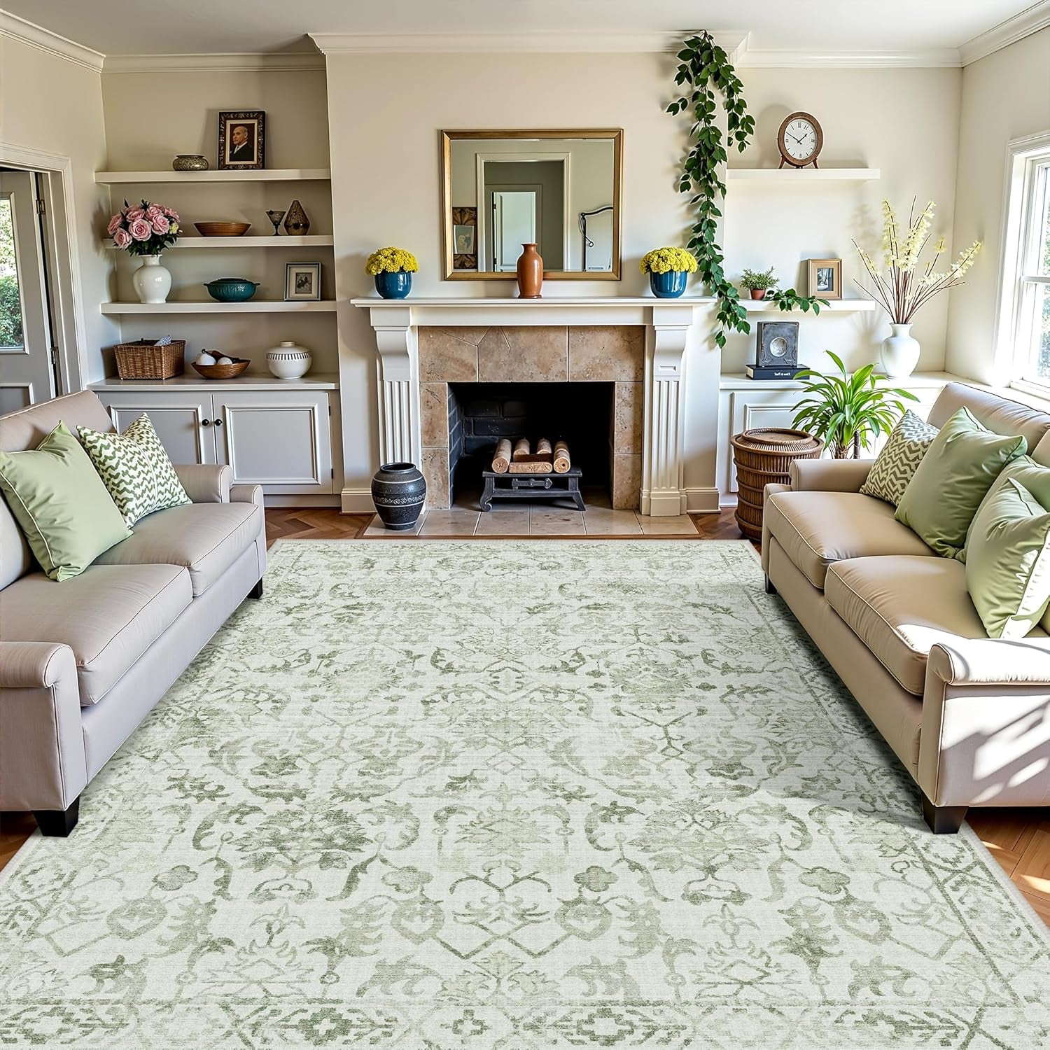 Elegant Sage Green 9x12 Washable Area Rug - Soft, Anti-Slip Low-Pile Design for Living Room, Dining Room & Bedroom - Perfect Farmhouse Home Decor Accent