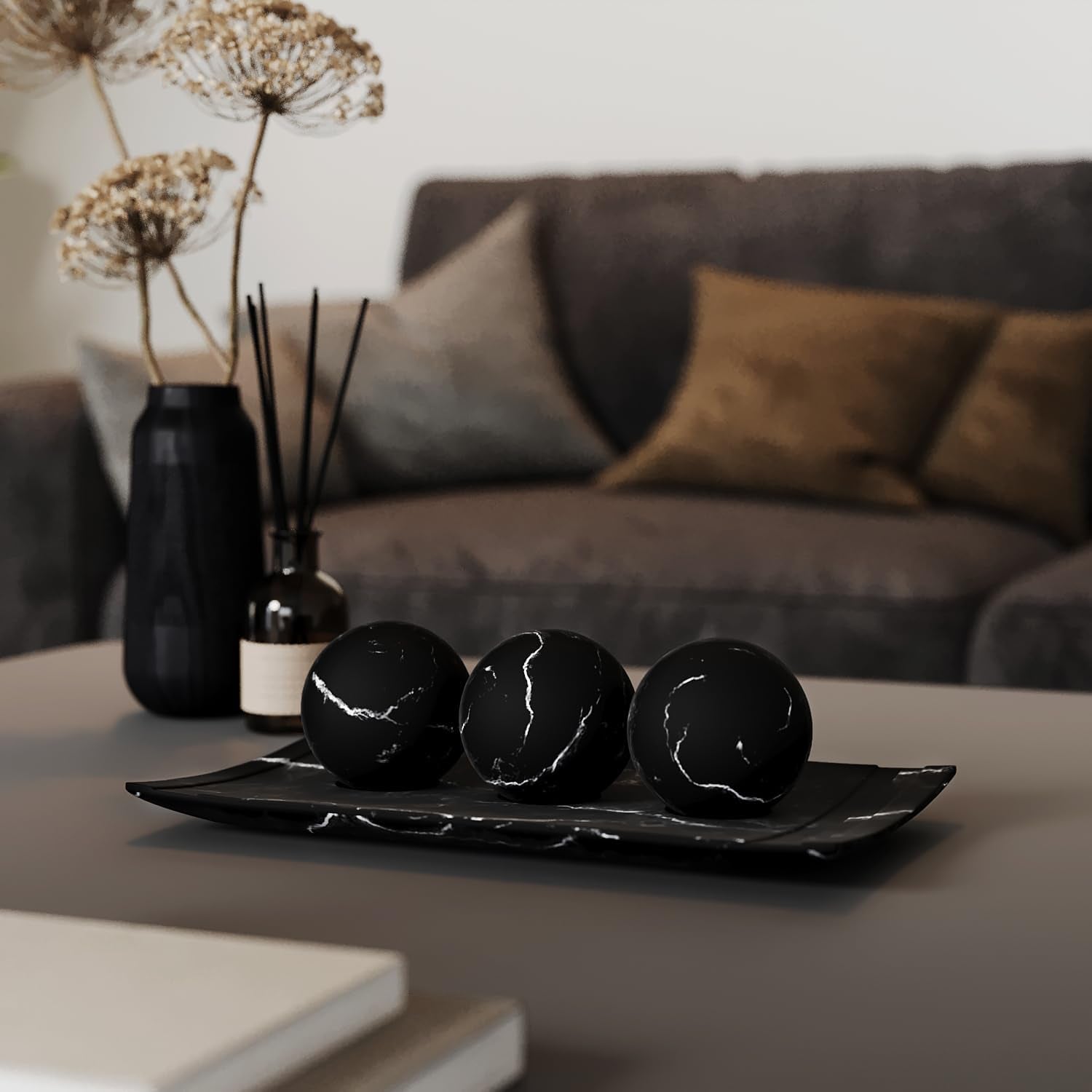 Elegant Black Marble-Inspired Home Decor Tray and Orb Set with Coordinating Set of 3 Vases - Ideal for Coffee Table Centerpiece and Stylish Dining, Kitchen Counter, or Foyer Accents