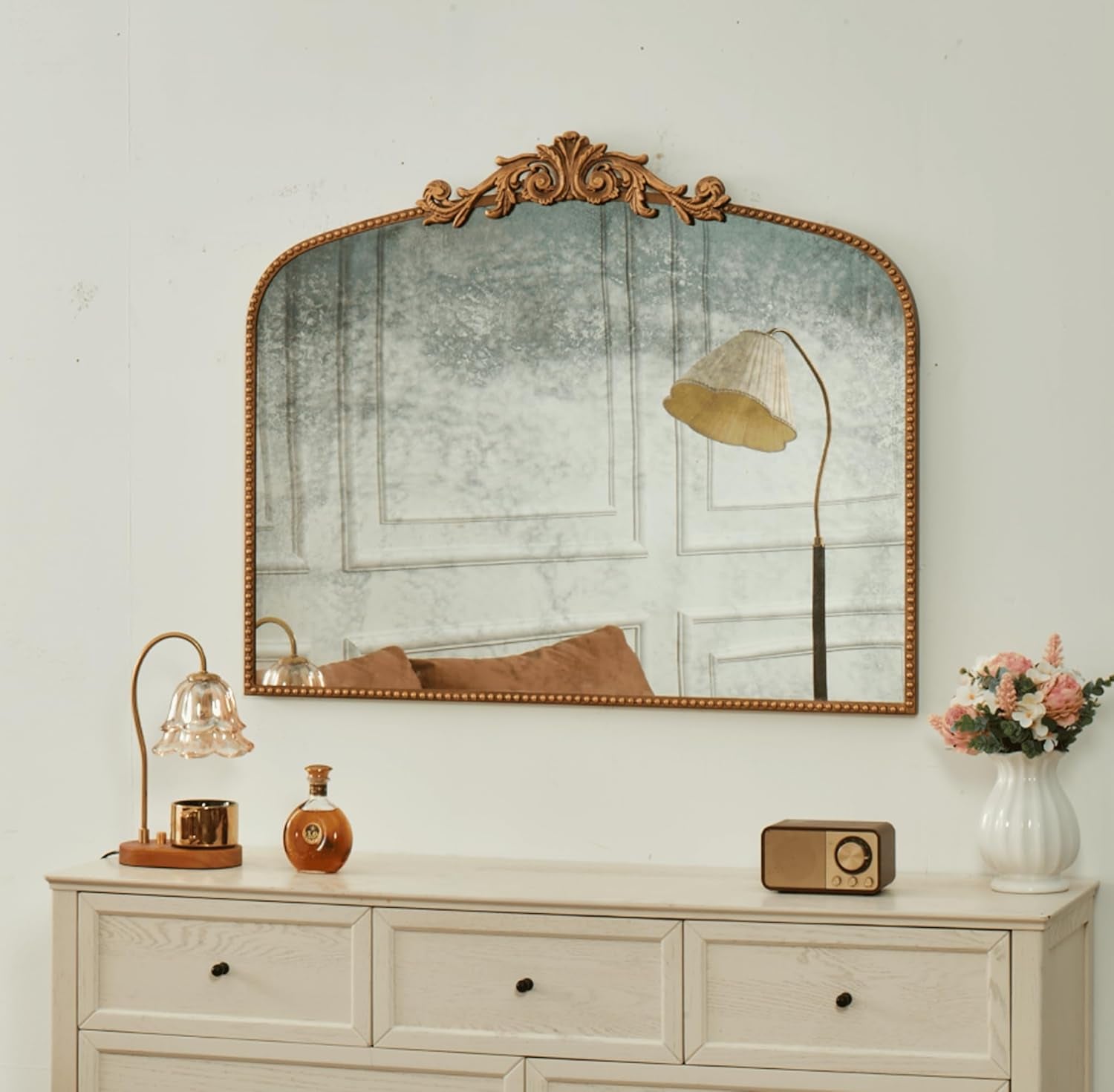 Elegant Vintage Arched Vertical Antique Mirror - 40"x32" Gold Metal Frame, Handcrafted with Distressed Finish - Perfect for Home Decor in Bathroom & Living Room