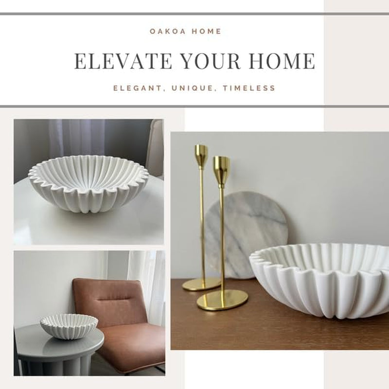 Elegant White Scalloped Concrete Bowl - Large Decorative Centerpiece for Home & Coffee Table Decor