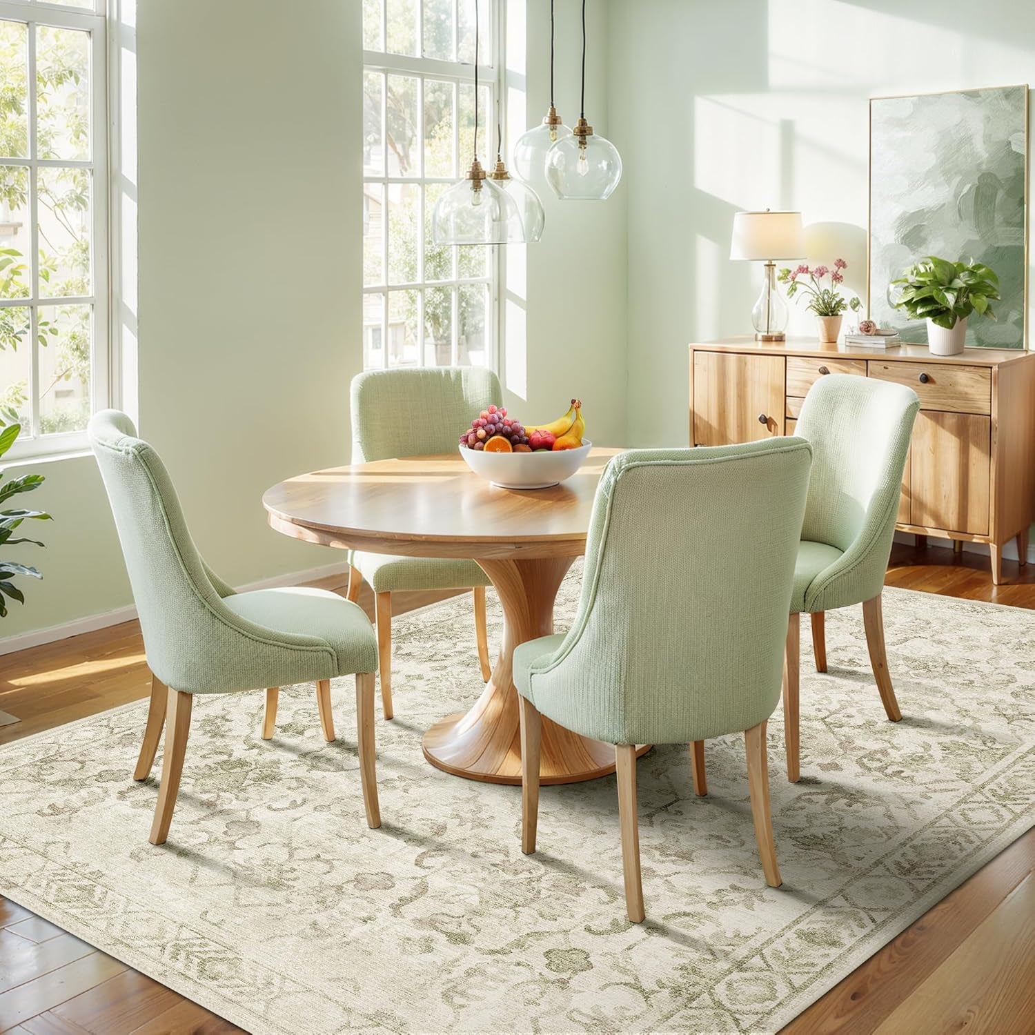 Sage Green Extra Large 10x14 Area Rug - Distressed Floral Print, Washable & Anti-Slip Soft Accent Rug for Living Room, Dining Room, Bedroom, and Farmhouse Decor