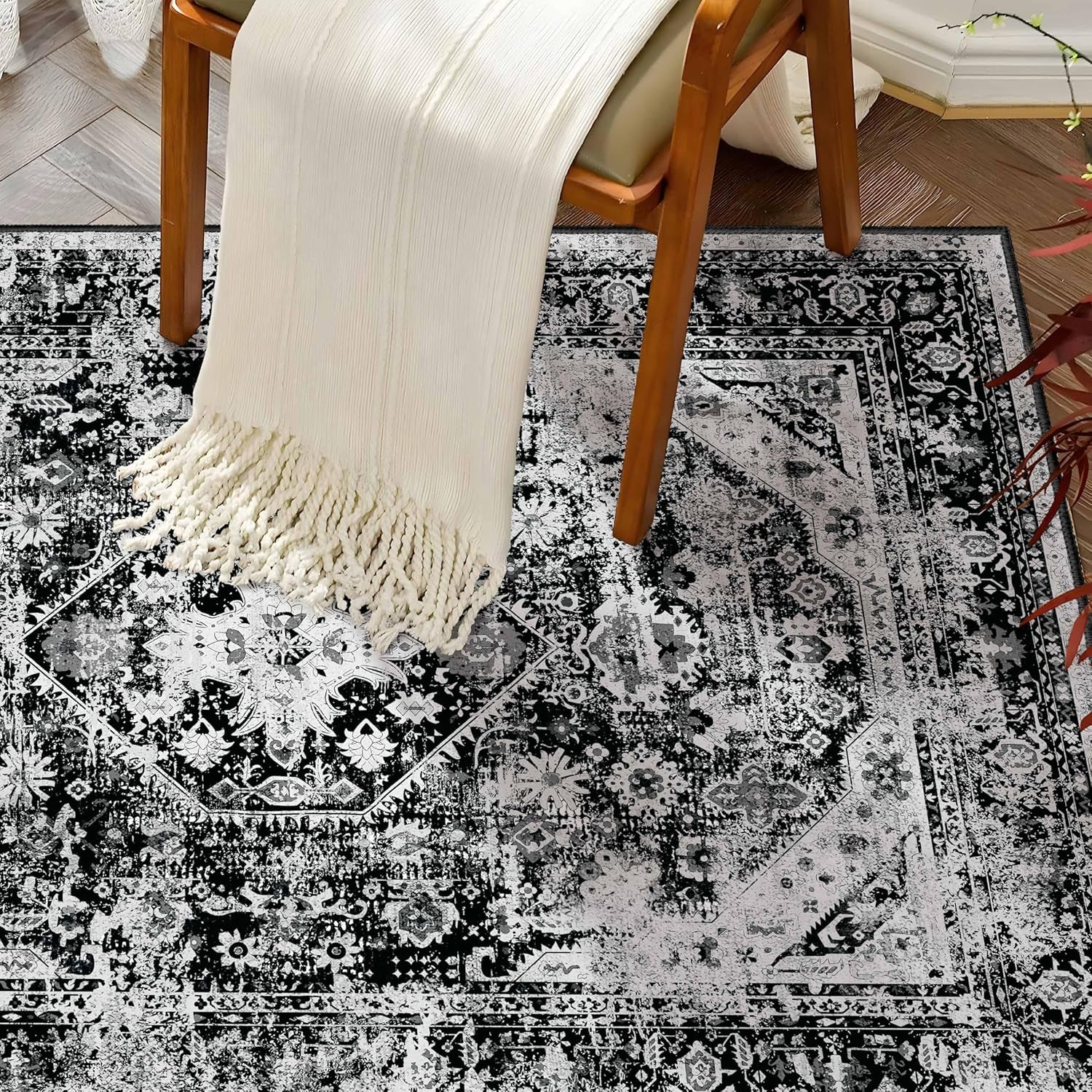 Luxurious Black Floral Washable 8x10 Area Rug - Non-Slip Boho Throw for Living Room, Bedroom, and Dining Room - Soft Indoor Home Decor
