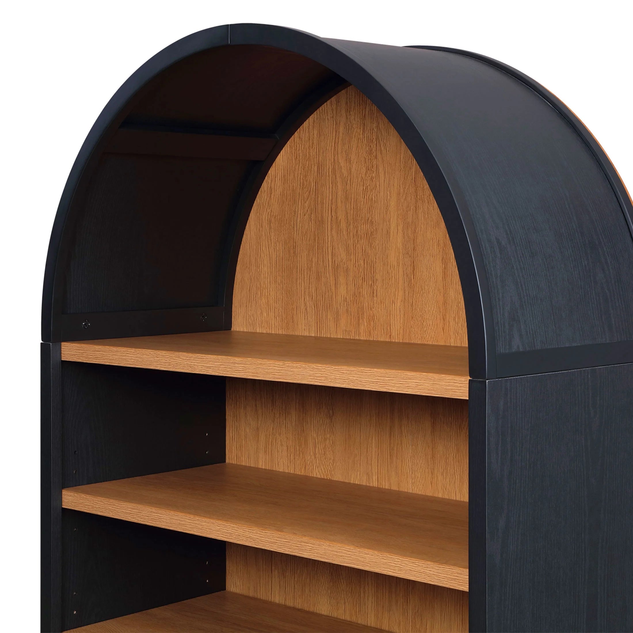 Stylish Juliet Open Arch Bookcase in Rich Black and Light Honey Finish