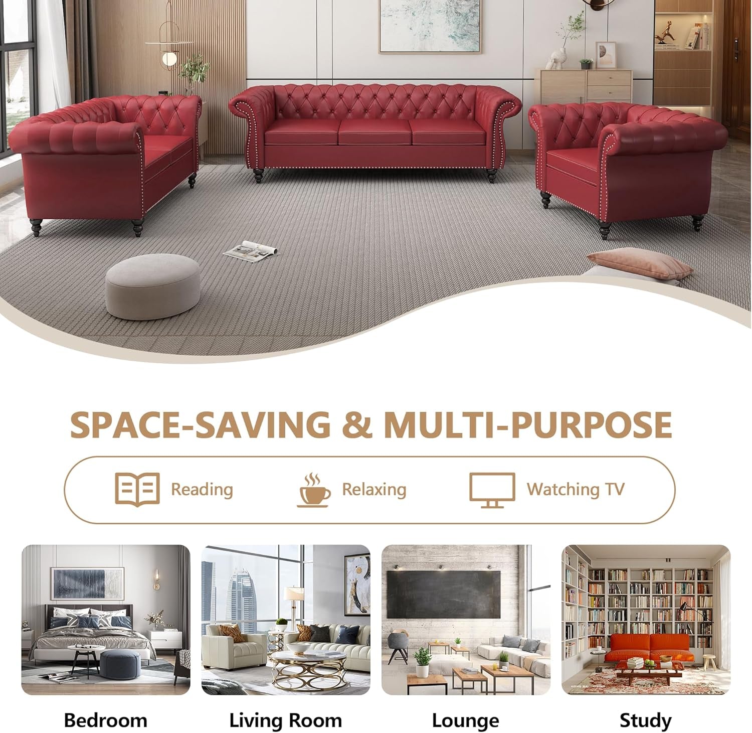 Stylish Chesterfield 3-Seater Leather Sofa with Rolled Arms and Nailhead Accents - Perfect for Living Room, Bedroom, or Office in Elegant Claret