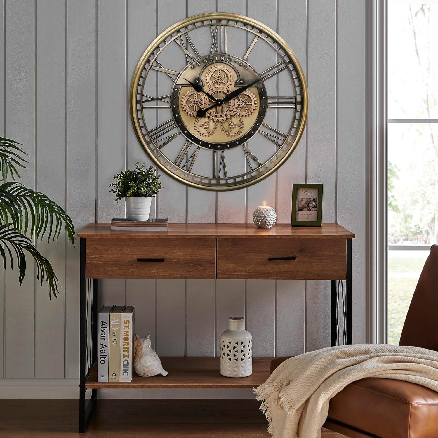 Oversized 28 Inch Gold Moving Gear Wall Clock - Modern Farmhouse Decor & Perfect Housewarming Gift!