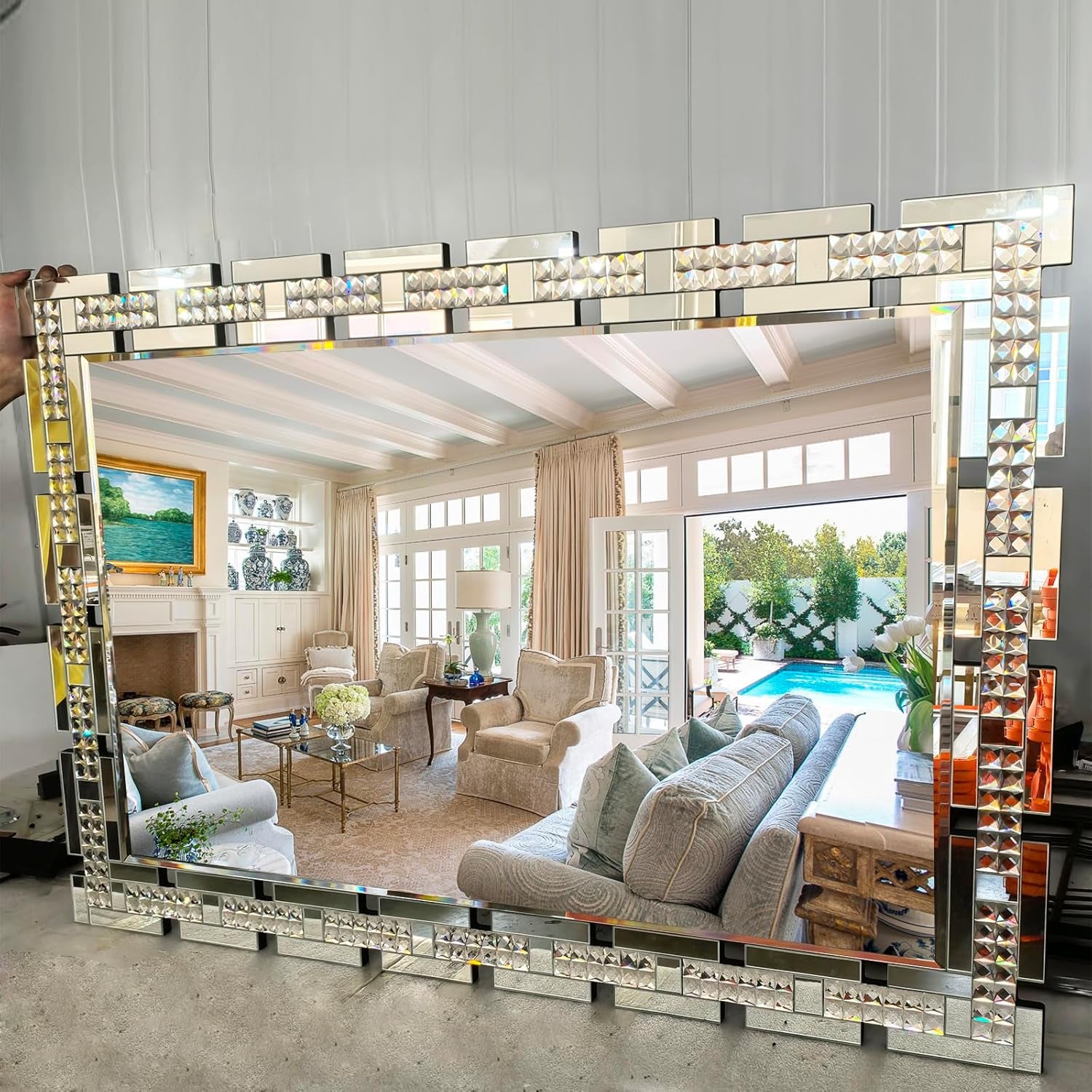 Stunning 32" X 47" Large Beveled Edge Wall Mirror with Crystal Frame - Modern Decorative Accent for Living Room, Home Office, and Entryway