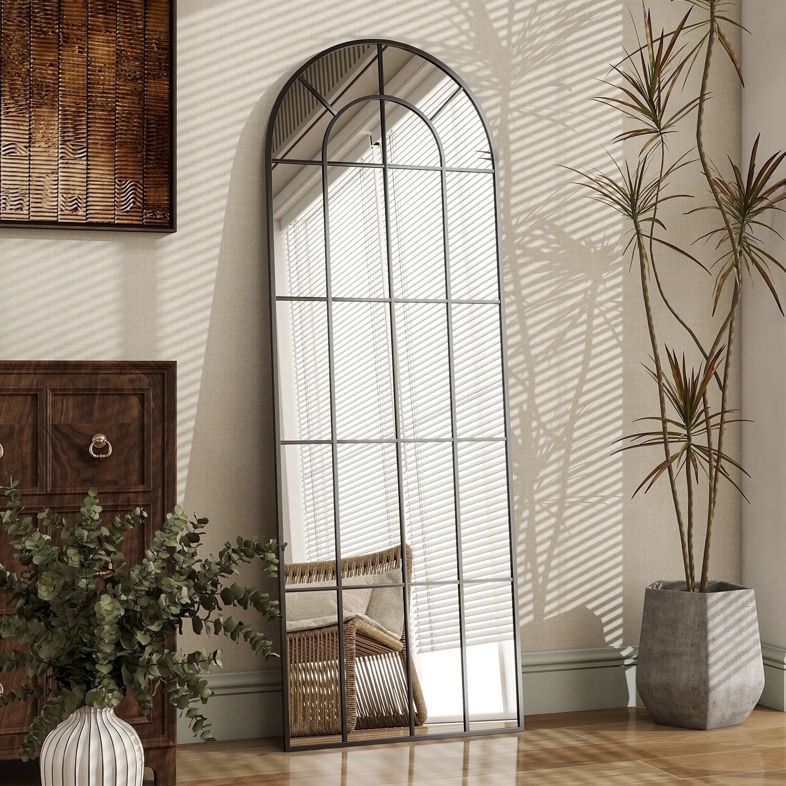 Stunning 65"x23" Arched Black Windowpane Full-Length Wall Mirror for Elegant Decor