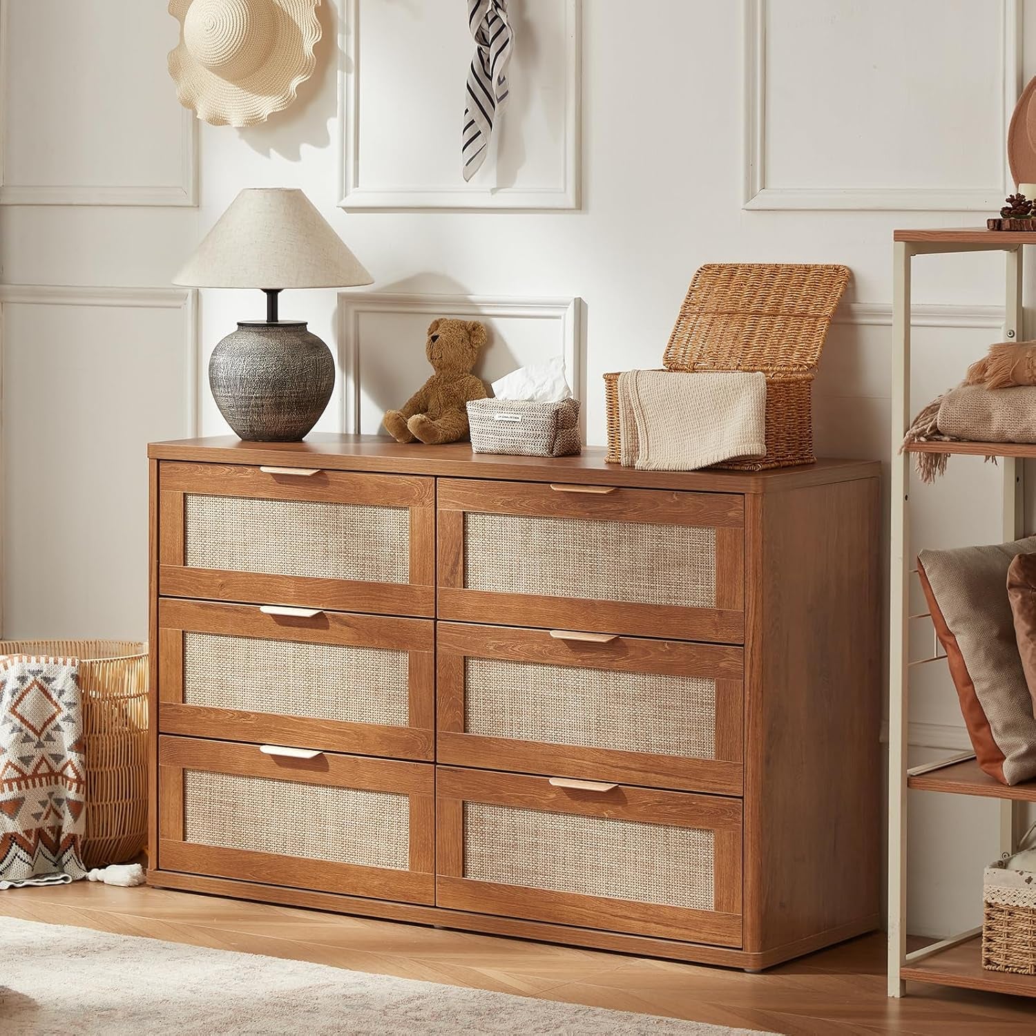 Boho 3-Piece Rattan Dresser and Nightstand Set - Stylish Wood Furniture with 6 Drawers for Bedroom, Living Room, and Hallway