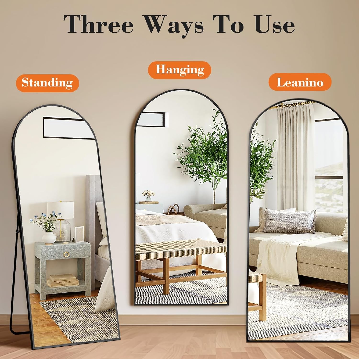 Sleek 64" Arched Full-Length Mirror with Stand - Modern Aluminum Frame, Shatterproof Nano Glass, Perfect for Bedroom & Living Room Decor - Elegant Black Finish