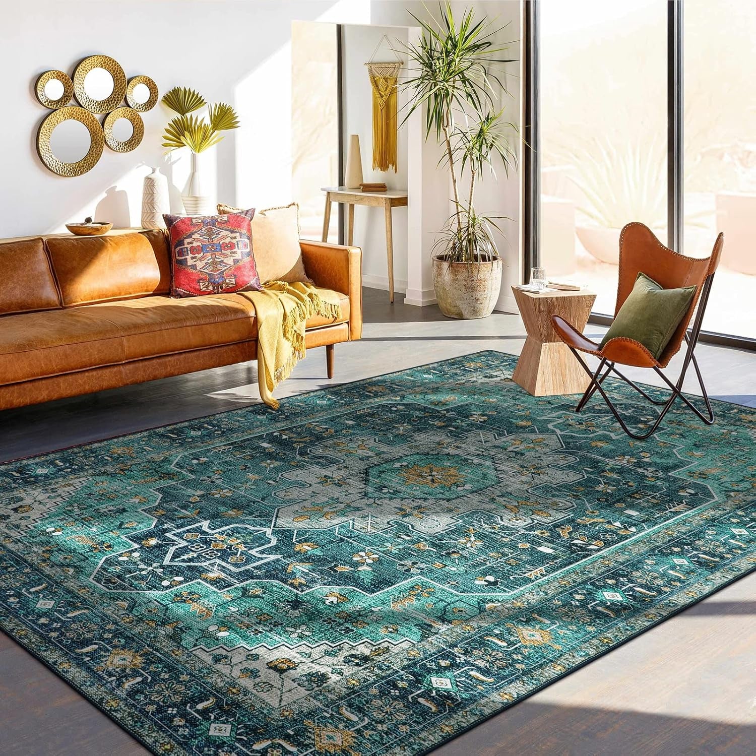 Ultra-Thin Washable 10x14 Large Teal Area Rug for Living Room, Non-Slip Vintage Oriental Indoor Carpet for Dining Room, Dorm, and Home Office Decor