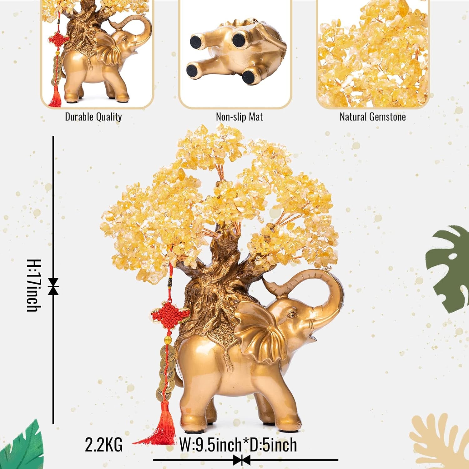 Citrine Crystal Money Tree on Gold Elephant Statue - 17" Large Gemstone Bonsai Tree of Life for Wealth and Positive Energy, Ideal Feng Shui Home Décor Gift