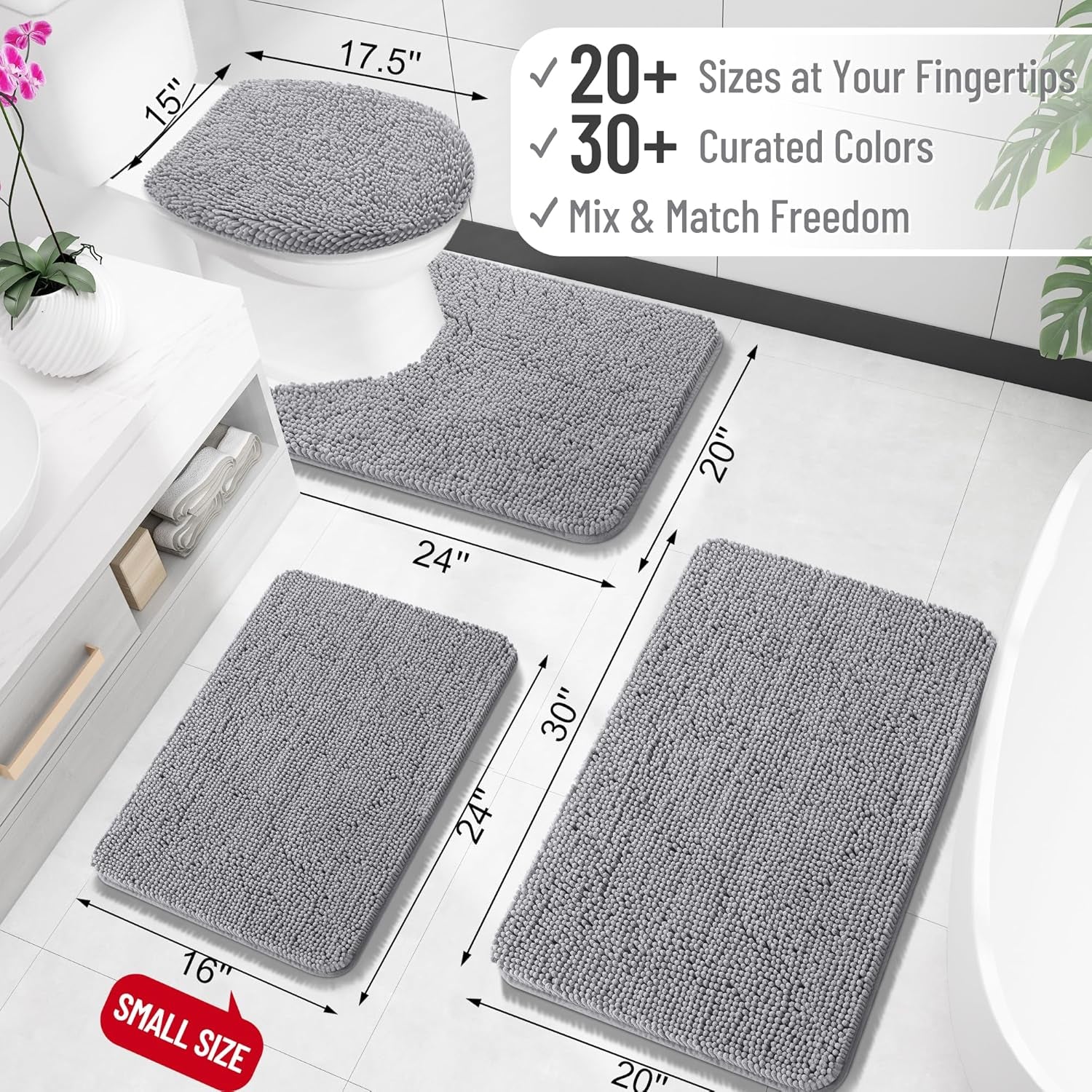 Ultra-Soft Chenille Bathroom Rugs 30x20 - Quick-Dry, Machine Washable, Non-Slip Rubber Backing - Stylish Grey Bath Mats for Tub and Shower Decor