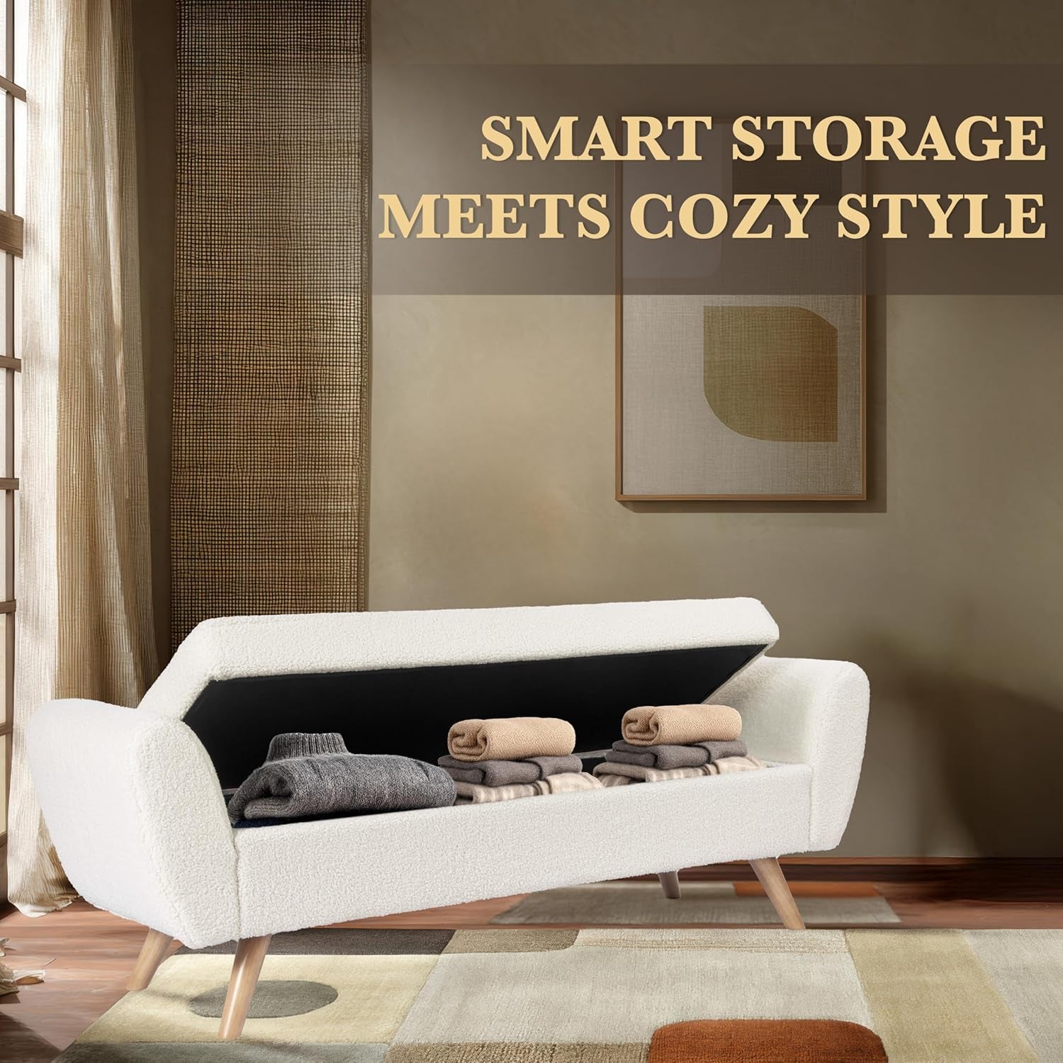 Contemporary Storage Bench with Wooden Legs for Living Room and Bedroom - Sherpa Cream